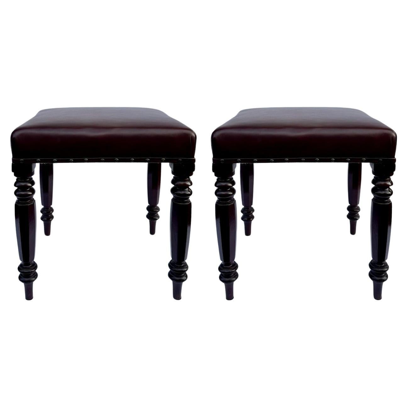 Pair Antique English Victorian Carved Mahogany Leather Upholstered Stools 19 Ct. For Sale