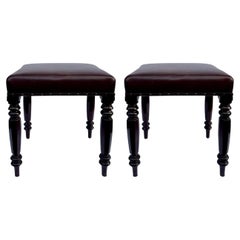Pair Used English Victorian Carved Mahogany Leather Upholstered Stools 19 Ct.