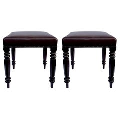 Pair Antique English Victorian Carved Mahogany Leather Upholstered Stools 19 Ct.