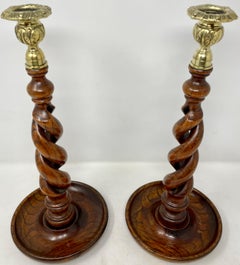 Pair Antique English Victorian Oak Barley Twist Candlesticks with Brass Mounts