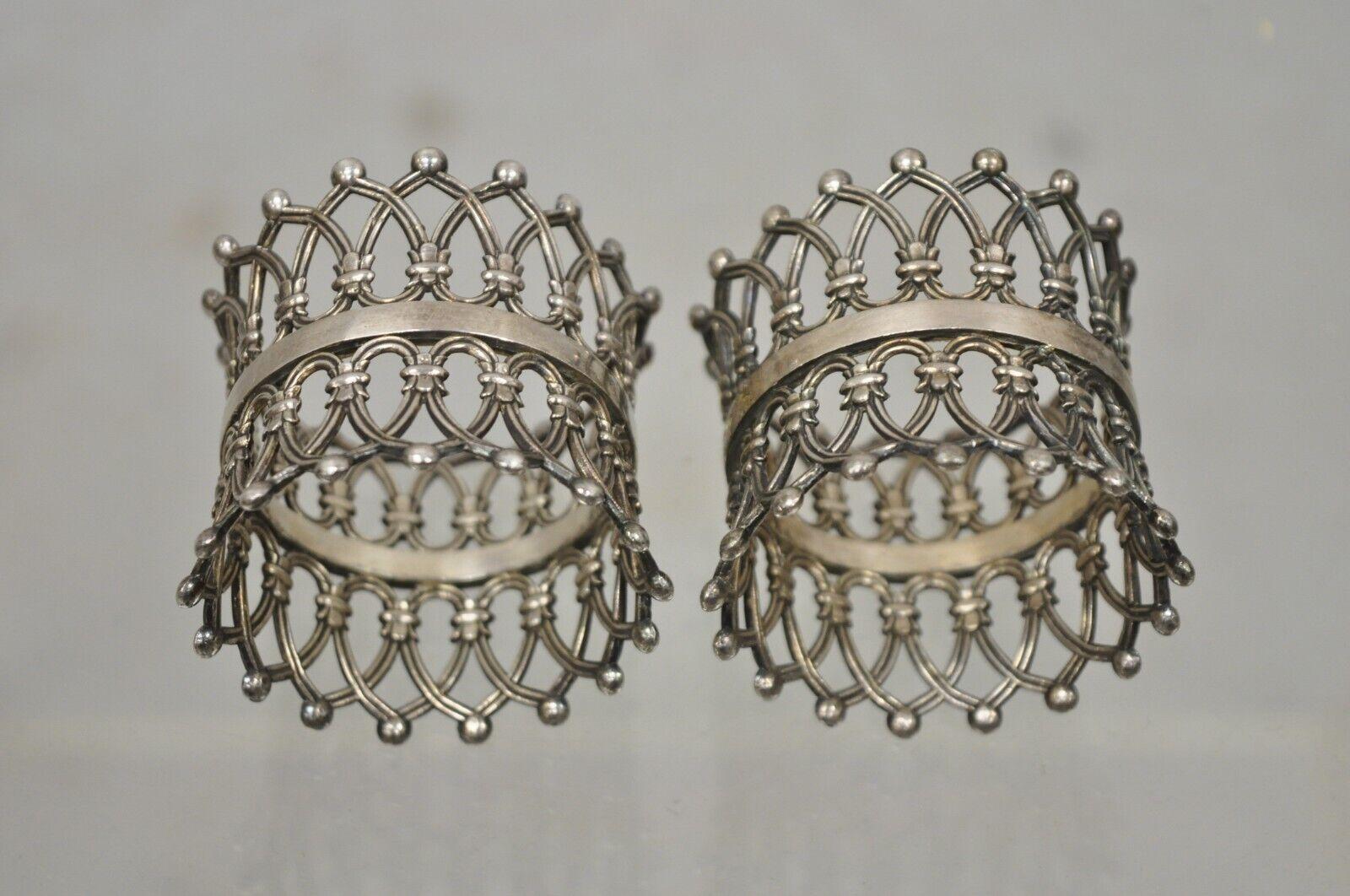 20th Century Pair Antique English Victorian Silver Plate Pierced Fretwork Crown Napkin Rings For Sale
