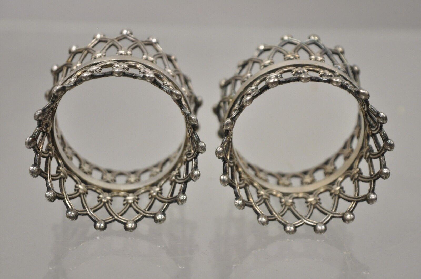 Metal Pair Antique English Victorian Silver Plate Pierced Fretwork Crown Napkin Rings For Sale