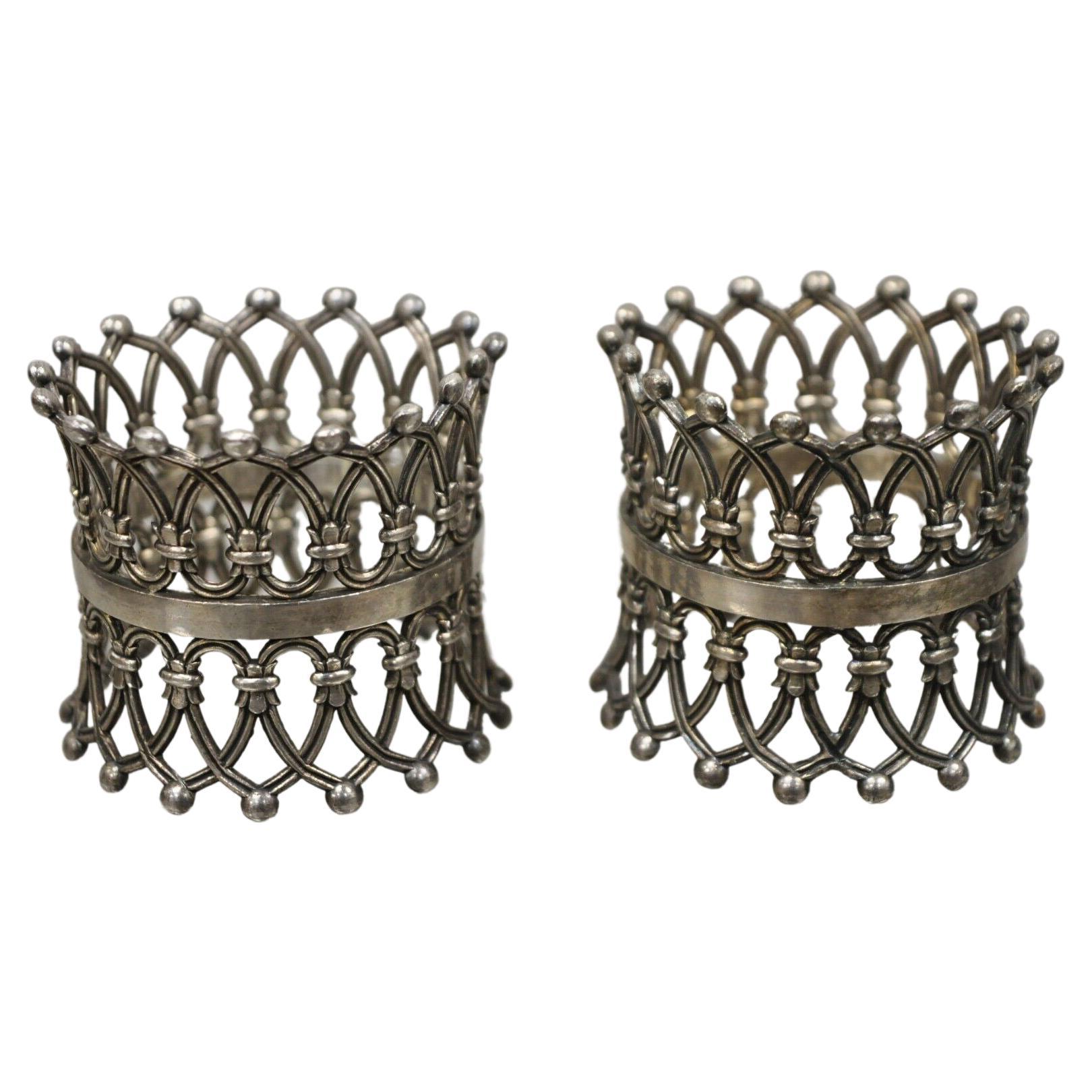Pair Antique English Victorian Silver Plate Pierced Fretwork Crown Napkin Rings For Sale