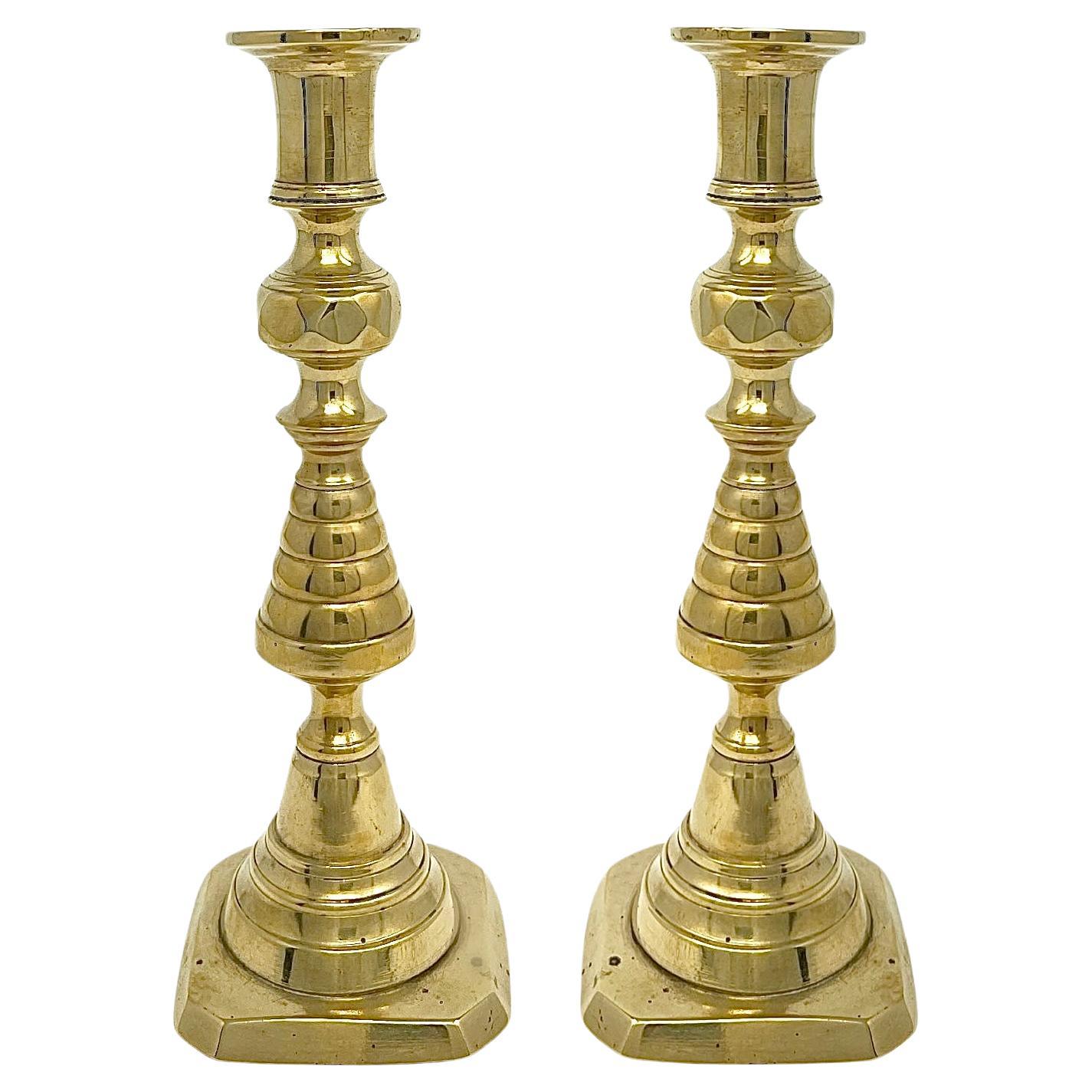 Pair Antique English Victorian Solid Brass Beehive Candlesticks, Circa 1890. For Sale