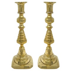 Pair Antique English Victorian Solid Brass Beehive Candlesticks, Circa 1890.