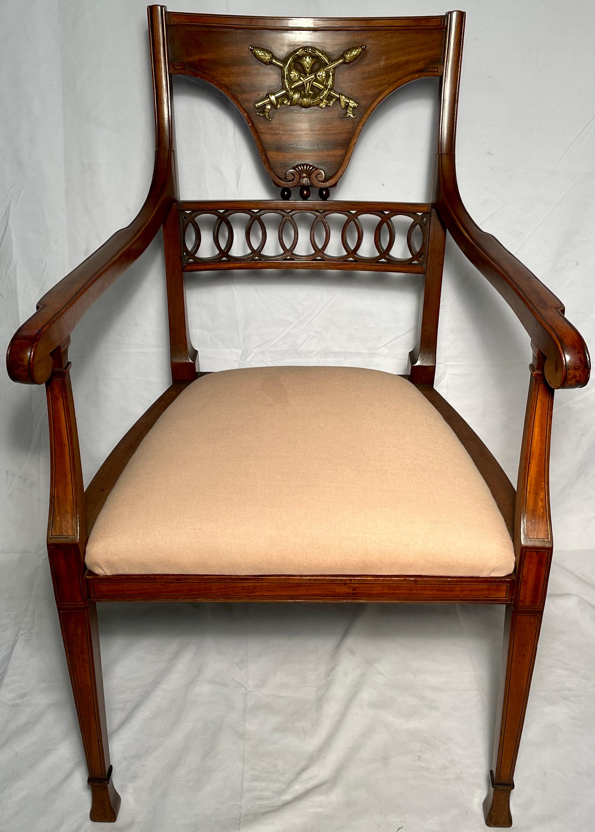 Pair antique English walnut armorial arm chairs, Circa 1890's.