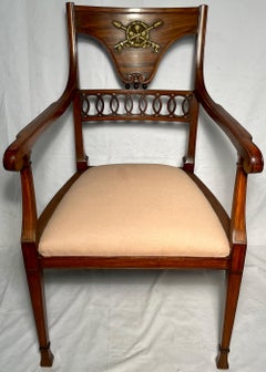 Pair Antique English Mahogany Armorial Arm Chairs, Circa 1890's