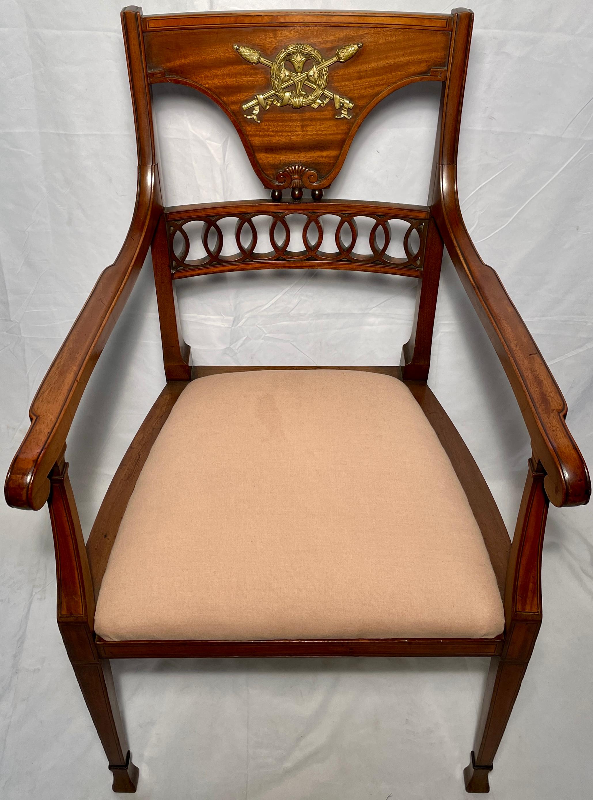 Pair Antique English Walnut Armorial Arm Chairs, Circa 1890's In Good Condition For Sale In New Orleans, LA