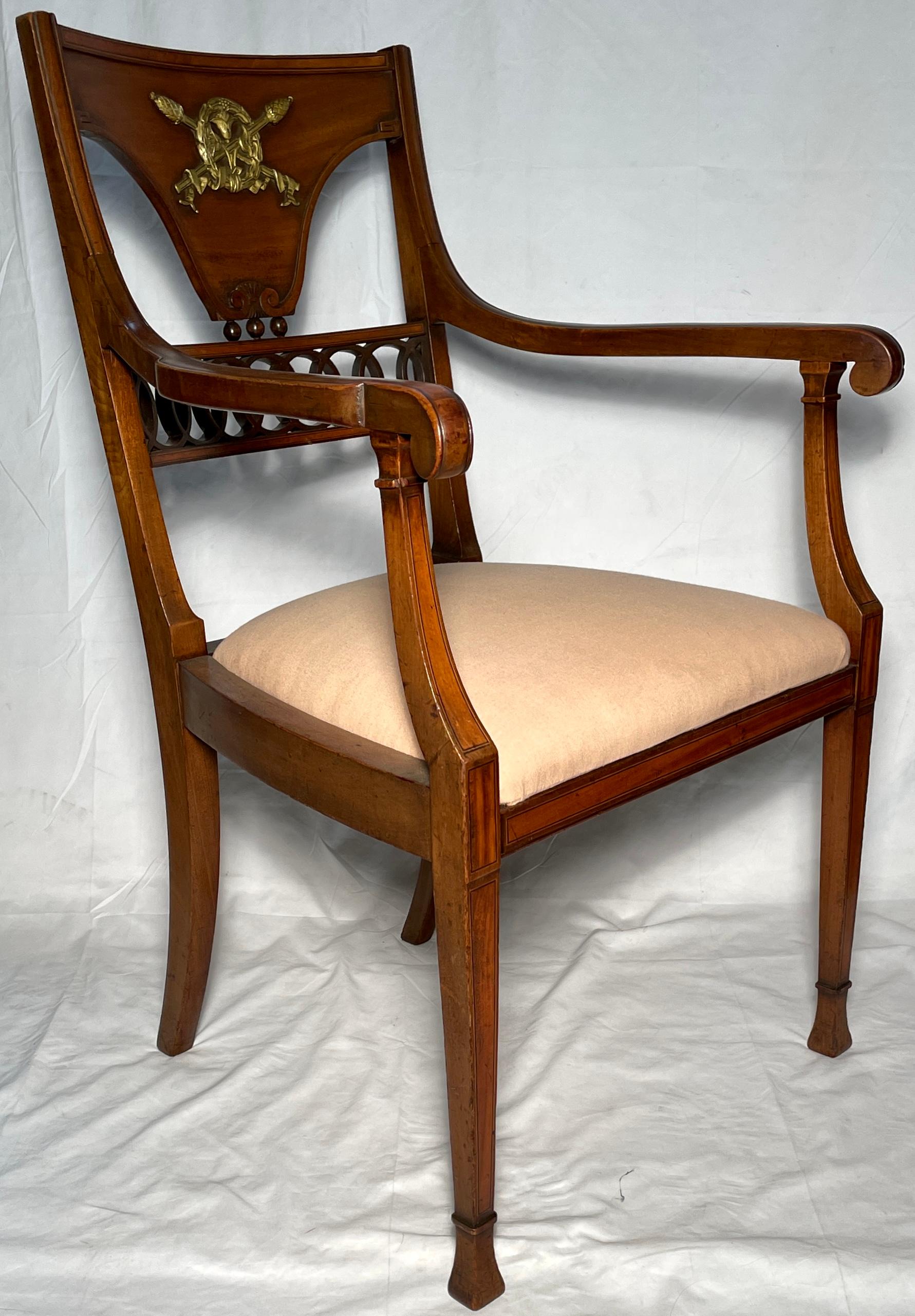 19th Century Pair Antique English Walnut Armorial Arm Chairs, Circa 1890's For Sale