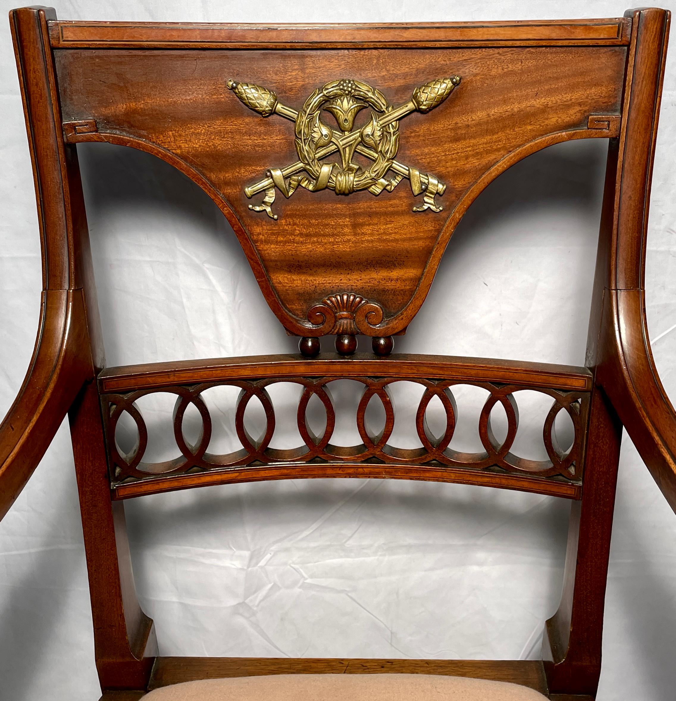 Pair Antique English Walnut Armorial Arm Chairs, Circa 1890's For Sale 1