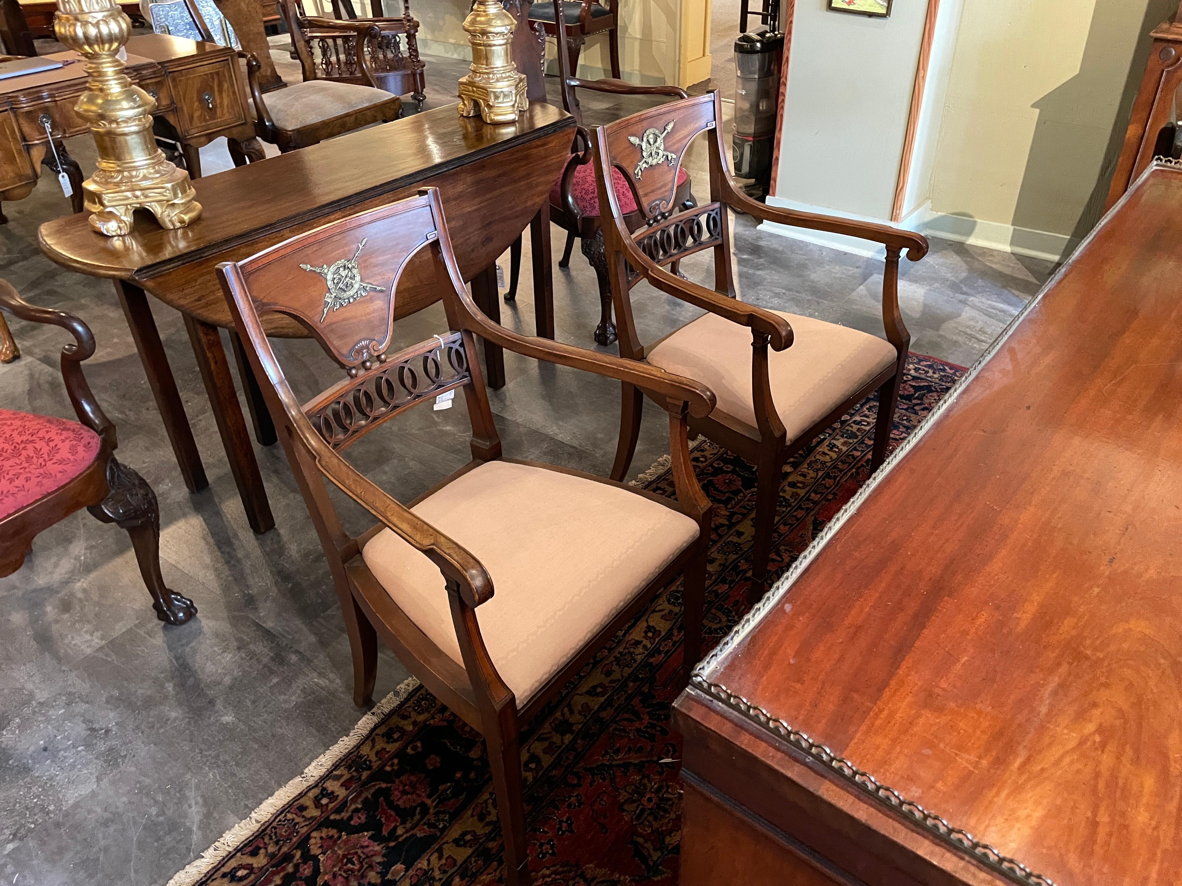Pair Antique English Walnut Armorial Arm Chairs, Circa 1890's For Sale 3