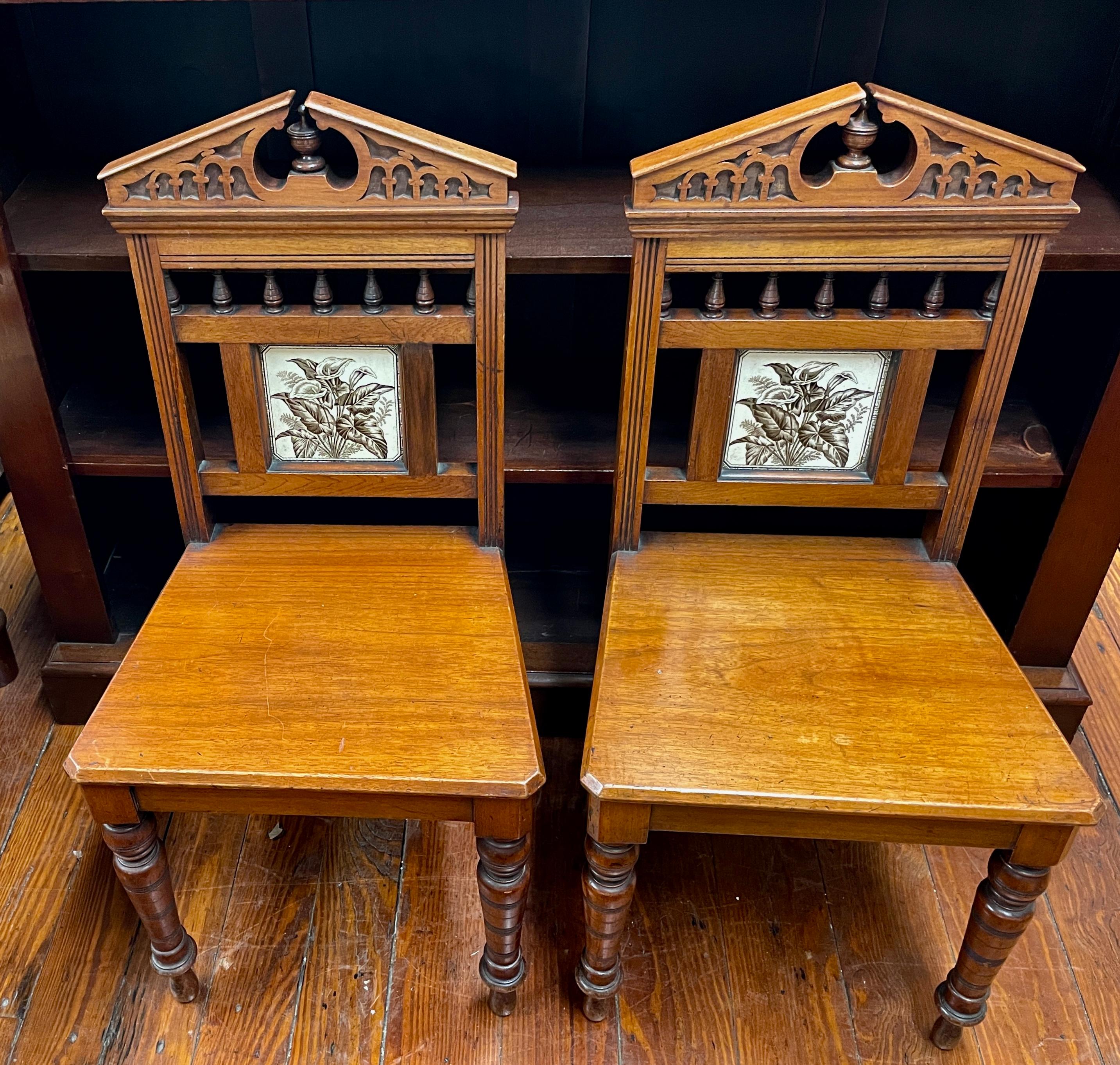 PAIR Antique English Walnut, Ash and ceramic tile Gothic style Hall Chairs For Sale 9