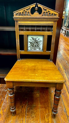 PAIR Antique English Walnut, Ash and ceramic tile Gothic style Hall Chairs