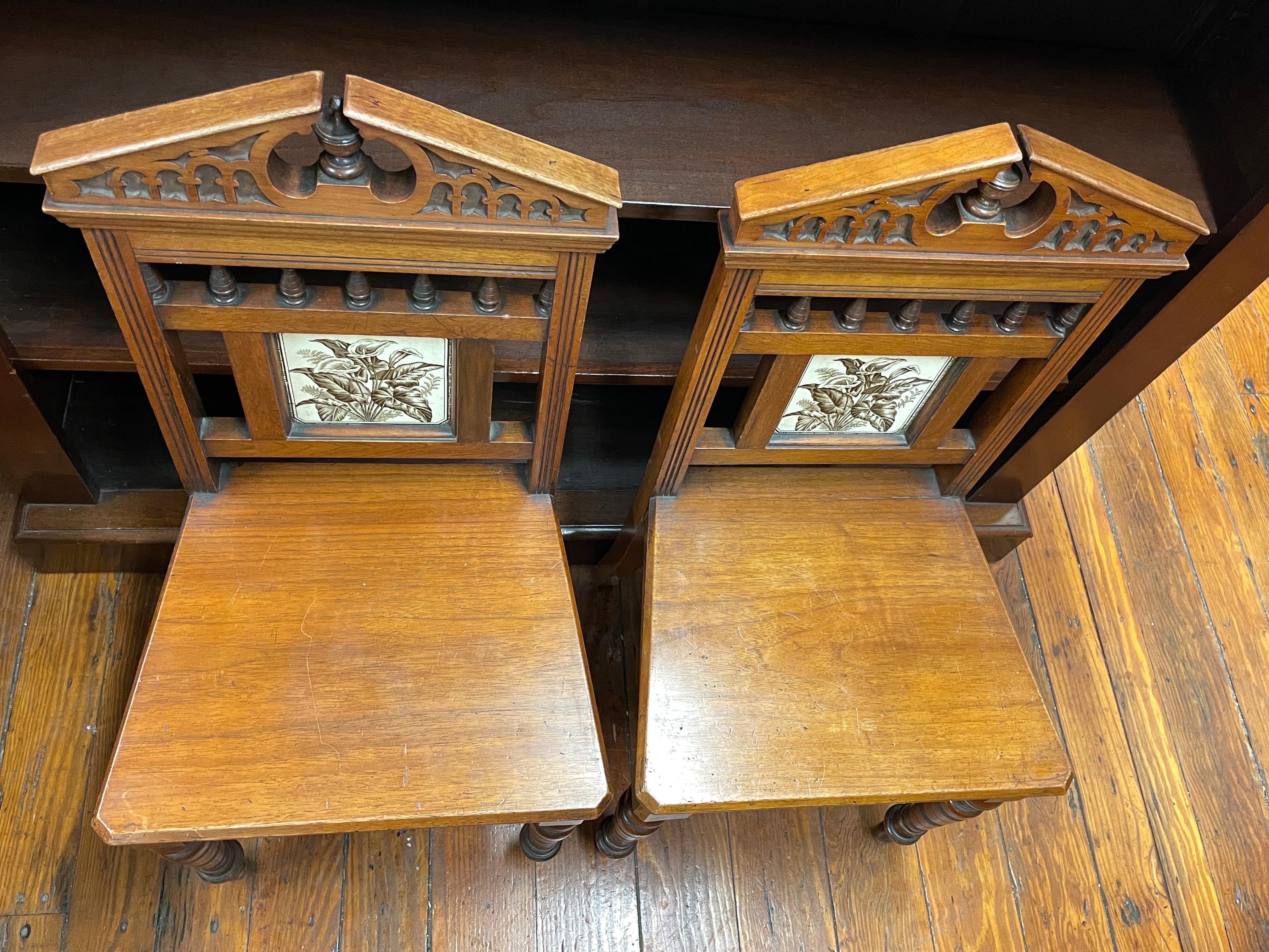 19th Century PAIR Antique English Walnut, Ash and ceramic tile Gothic style Hall Chairs For Sale
