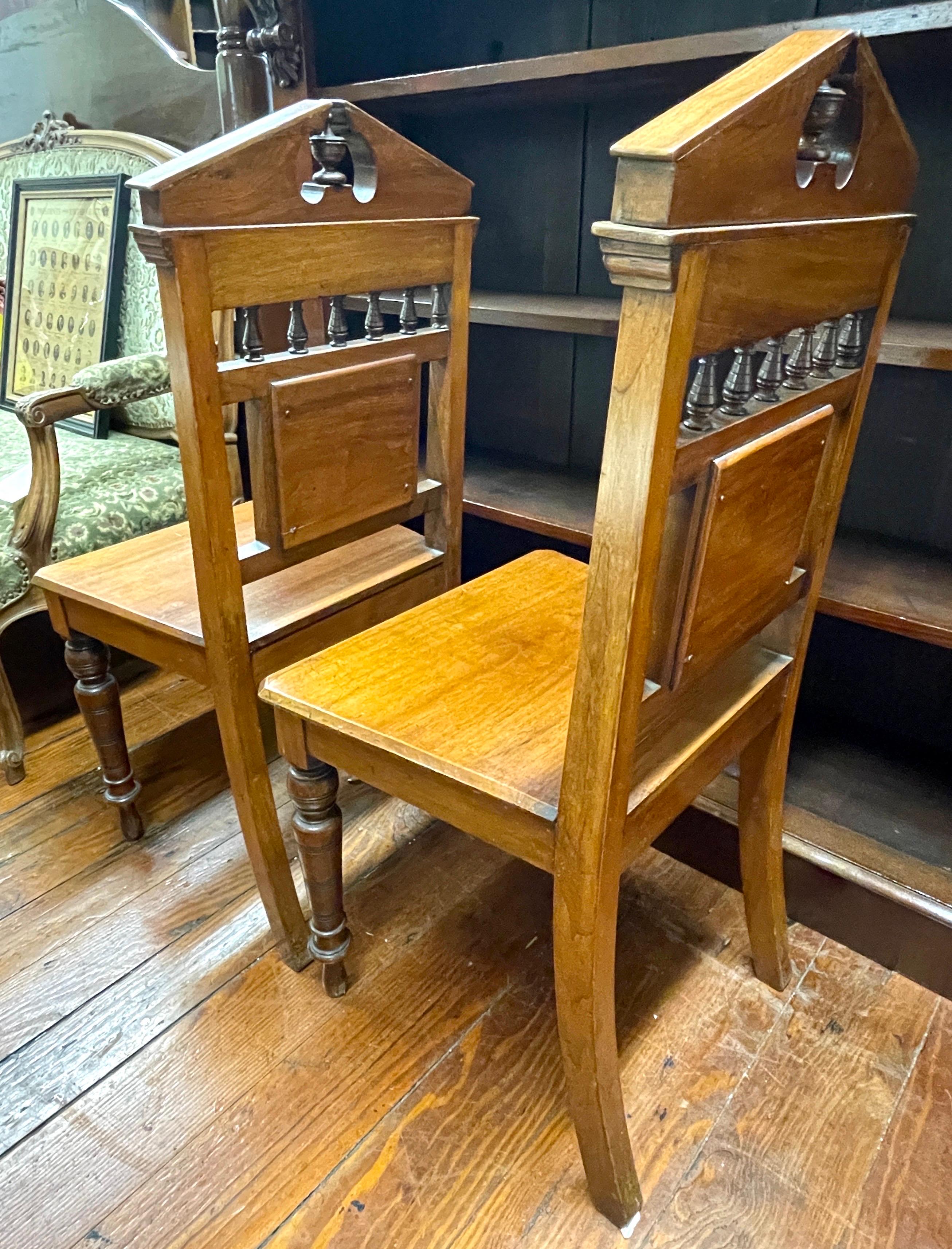 PAIR Antique English Walnut, Ash and ceramic tile Gothic style Hall Chairs For Sale 1