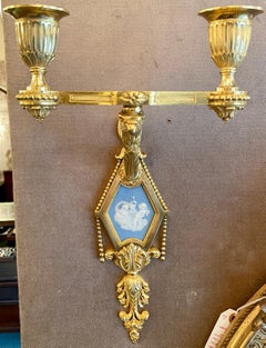 Pair Antique English Wedgwood Porcelain and Bronze D 'Ore Sconces, Circa 1890