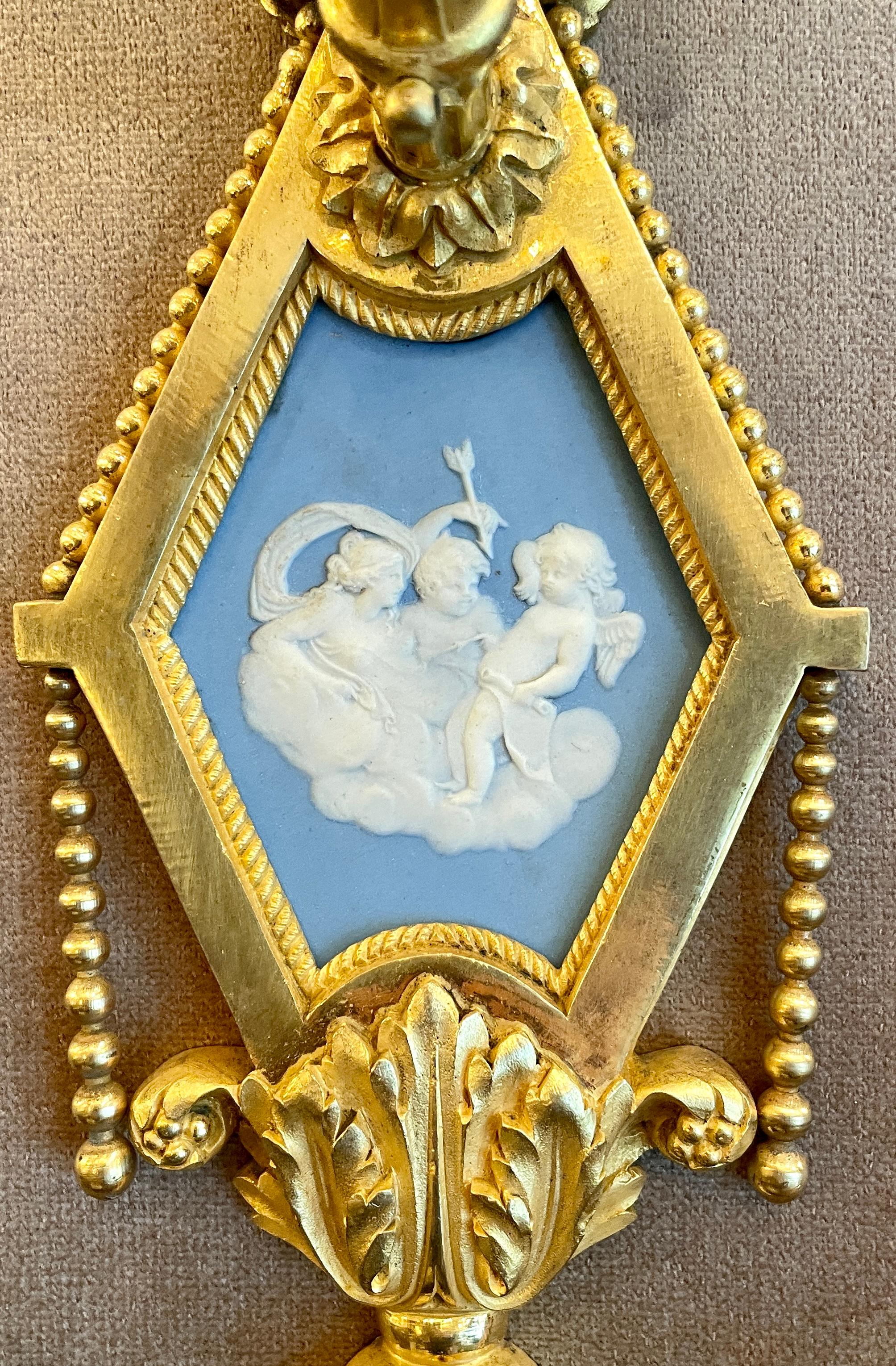 19th Century Pair Antique English Wedgwood Porcelain and Bronze D 'Ore Sconces, Circa 1890 For Sale
