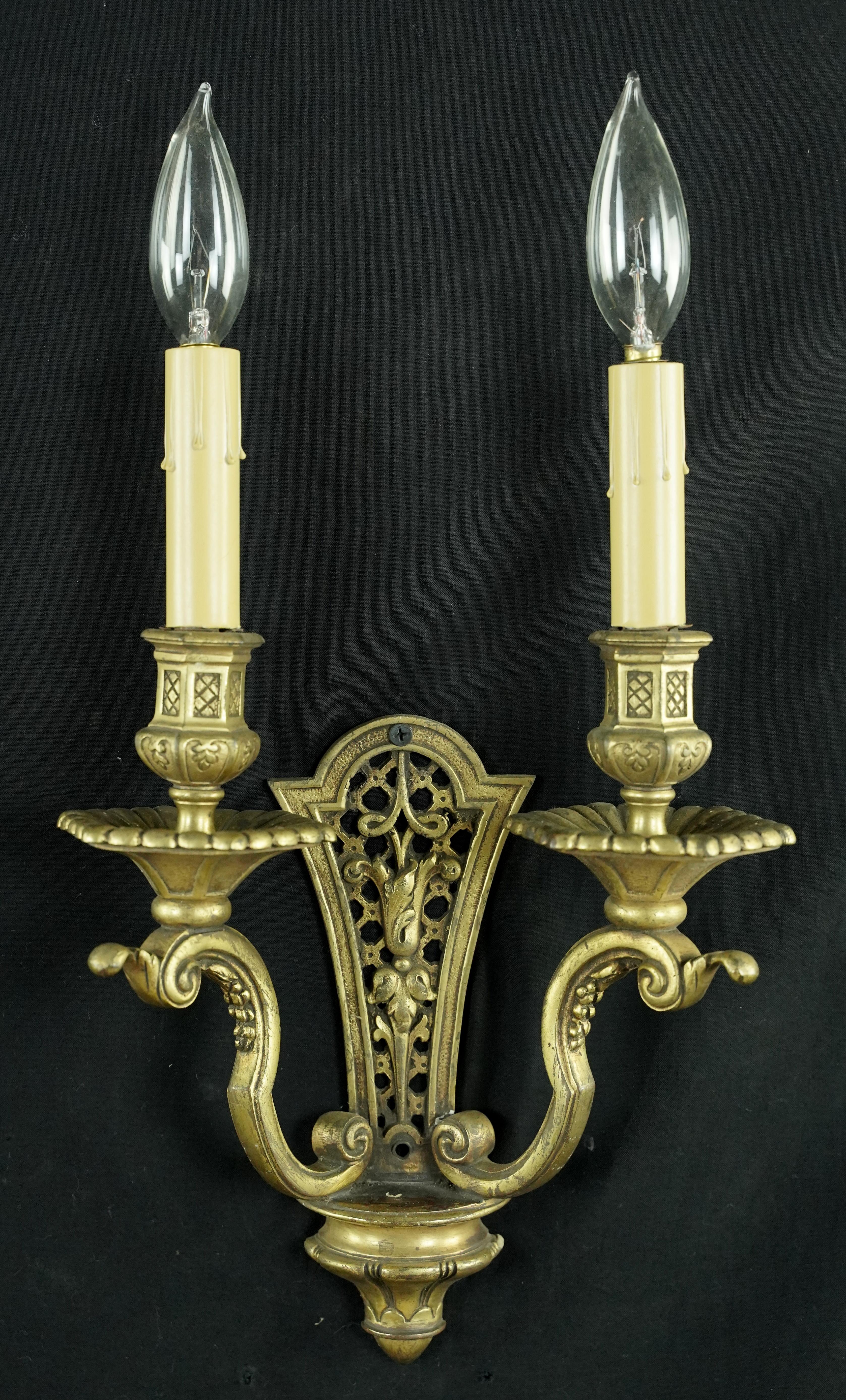 Pair Antique European French Brass 2 Arm Wall Sconces In Good Condition For Sale In New York, NY