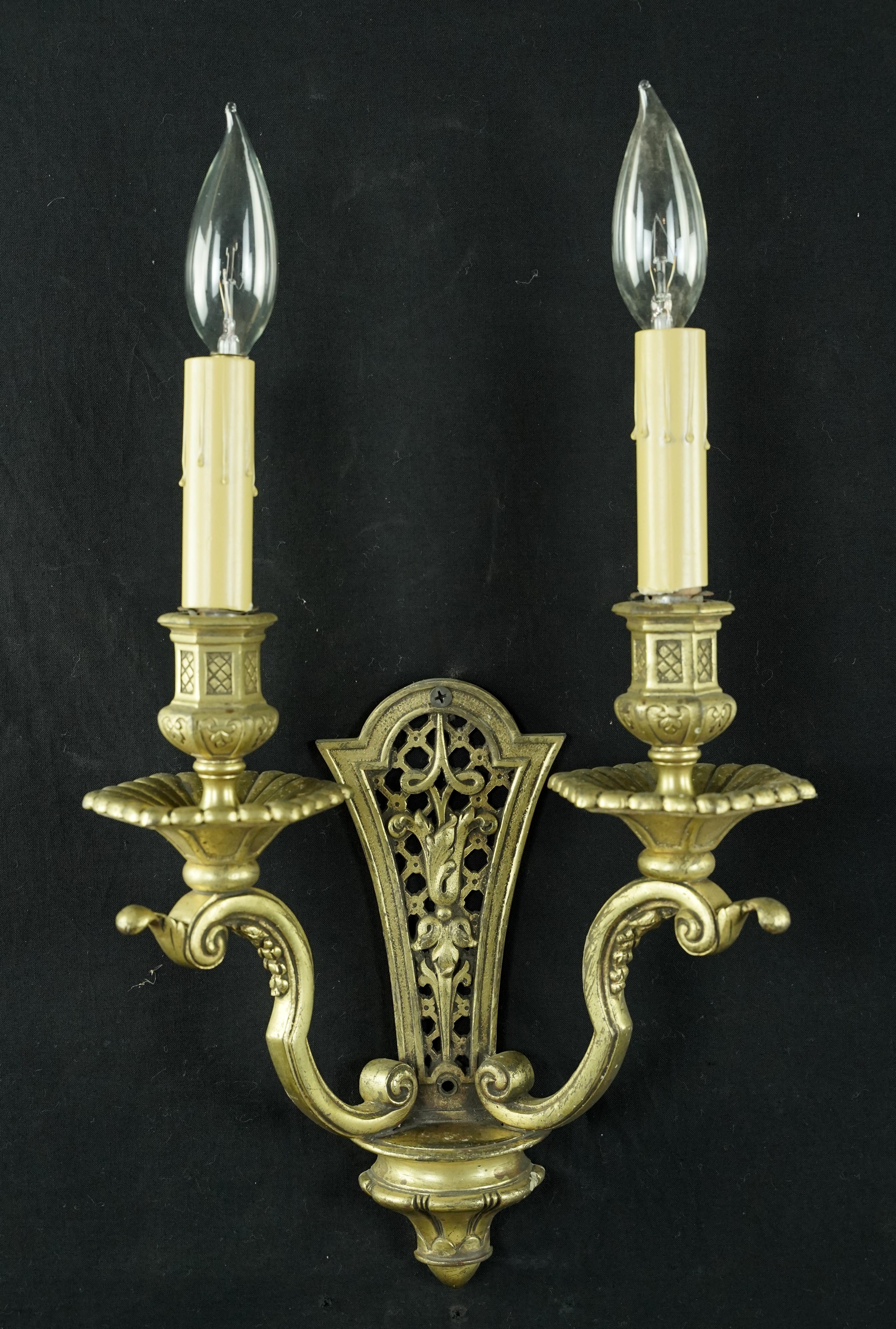20th Century Pair Antique European French Brass 2 Arm Wall Sconces For Sale