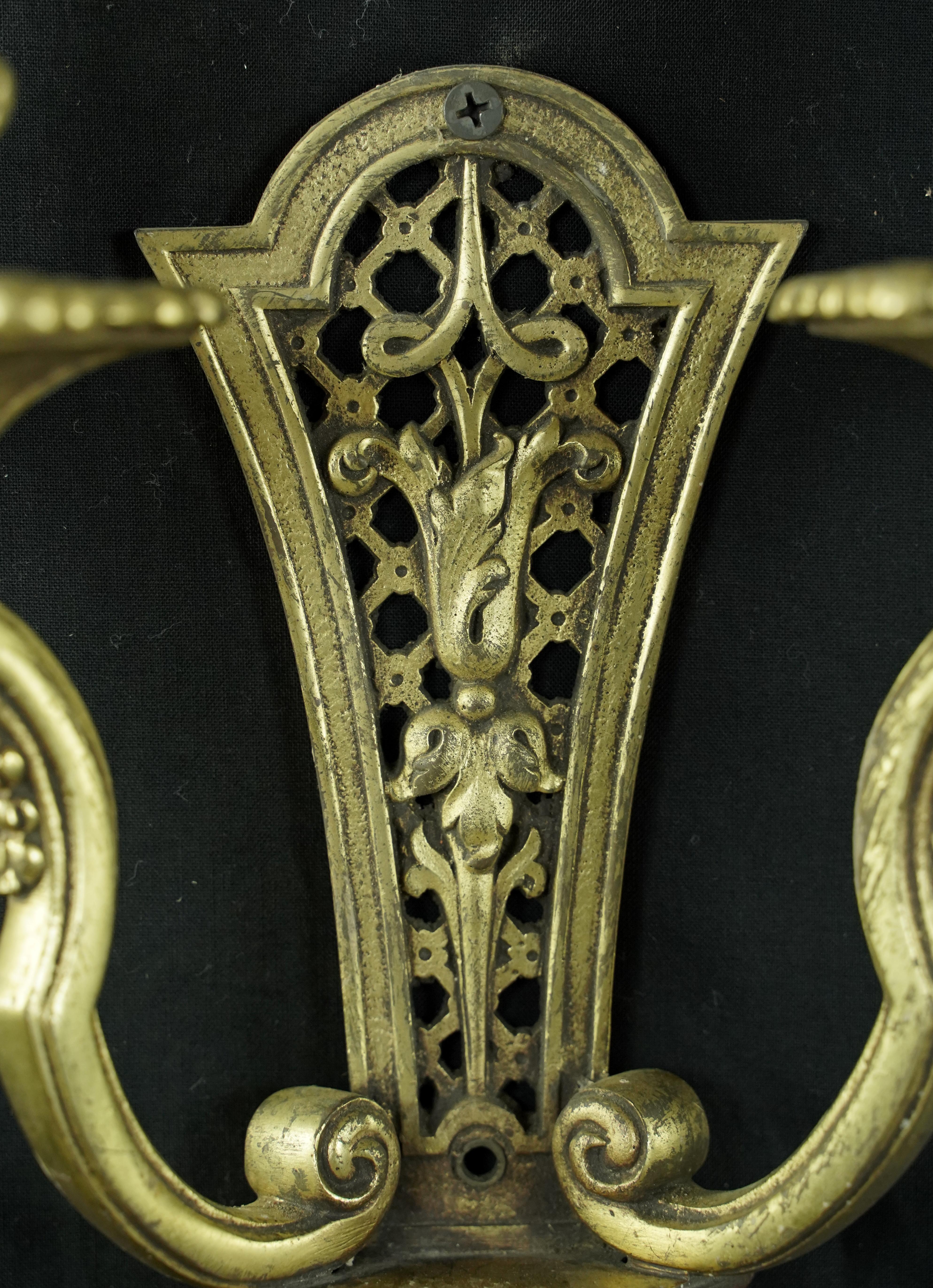 Pair Antique European French Brass 2 Arm Wall Sconces For Sale 1