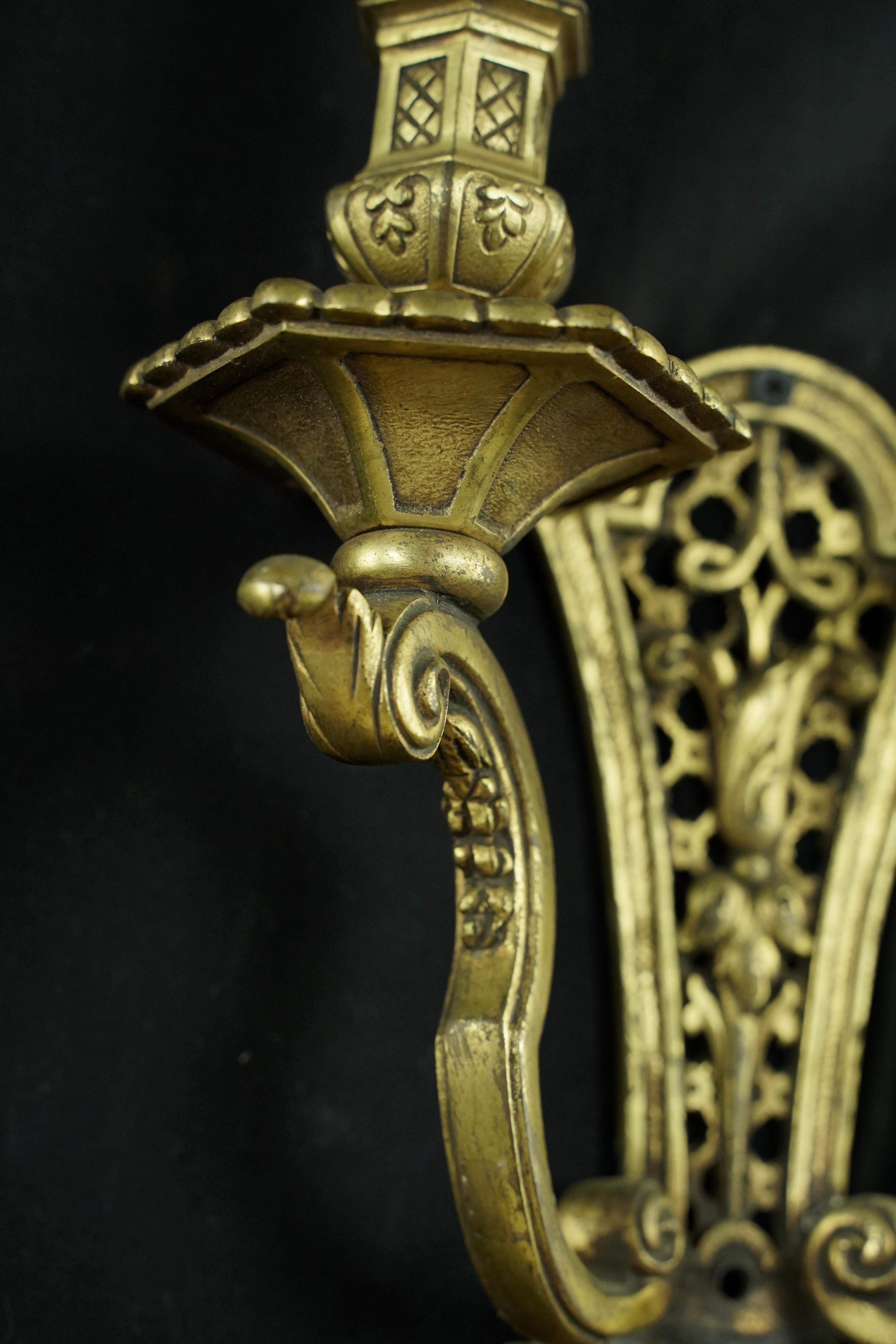 Pair Antique European French Brass 2 Arm Wall Sconces For Sale 2