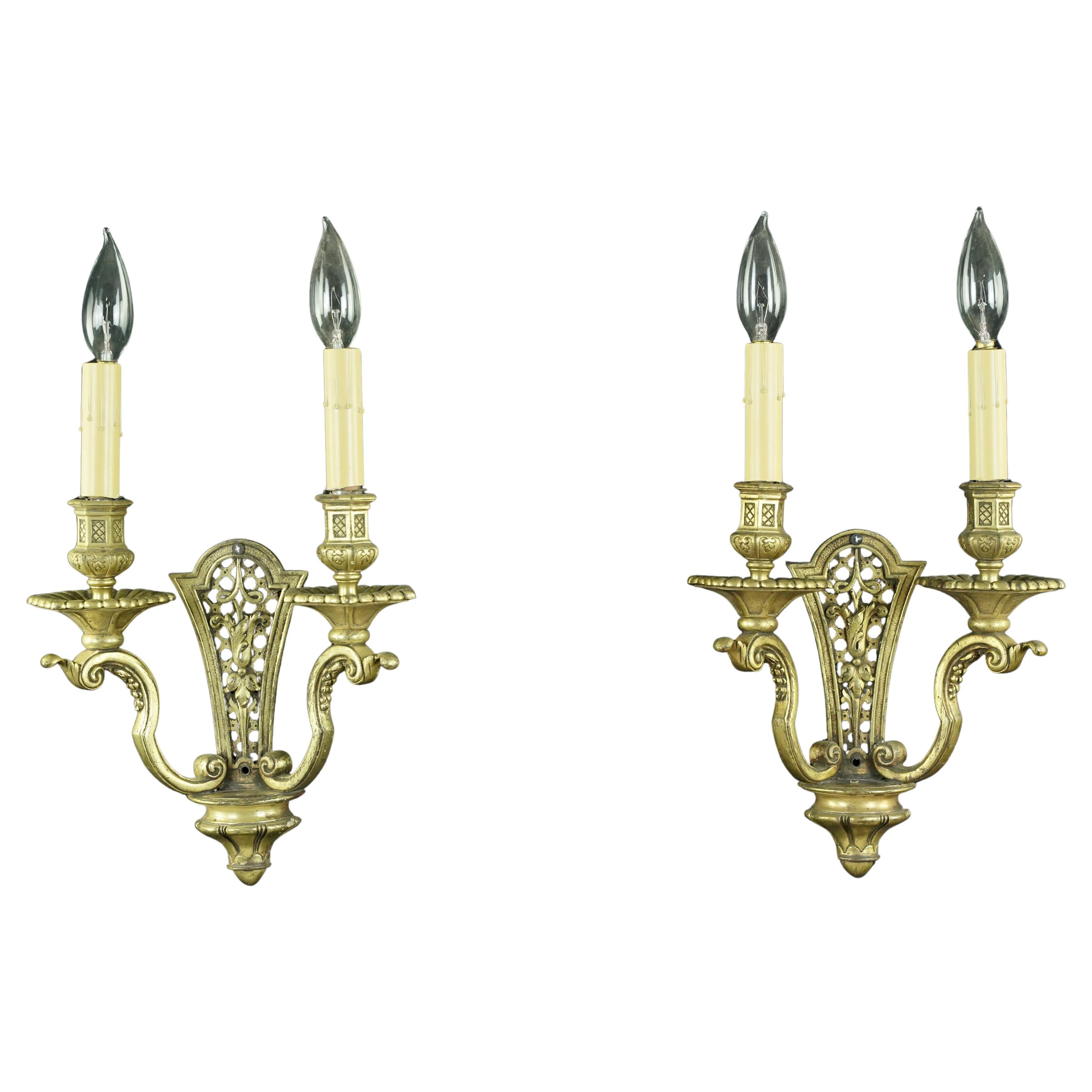 Pair Antique European French Brass 2 Arm Wall Sconces