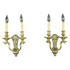 Pair Antique European French Brass 2 Arm Wall Sconces