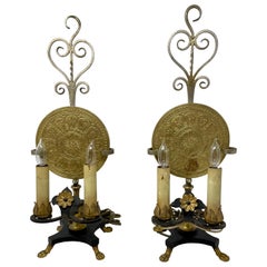 Pair Antique European Iron and Brass Lamps with Zodiac Signs, Circa 1900's.
