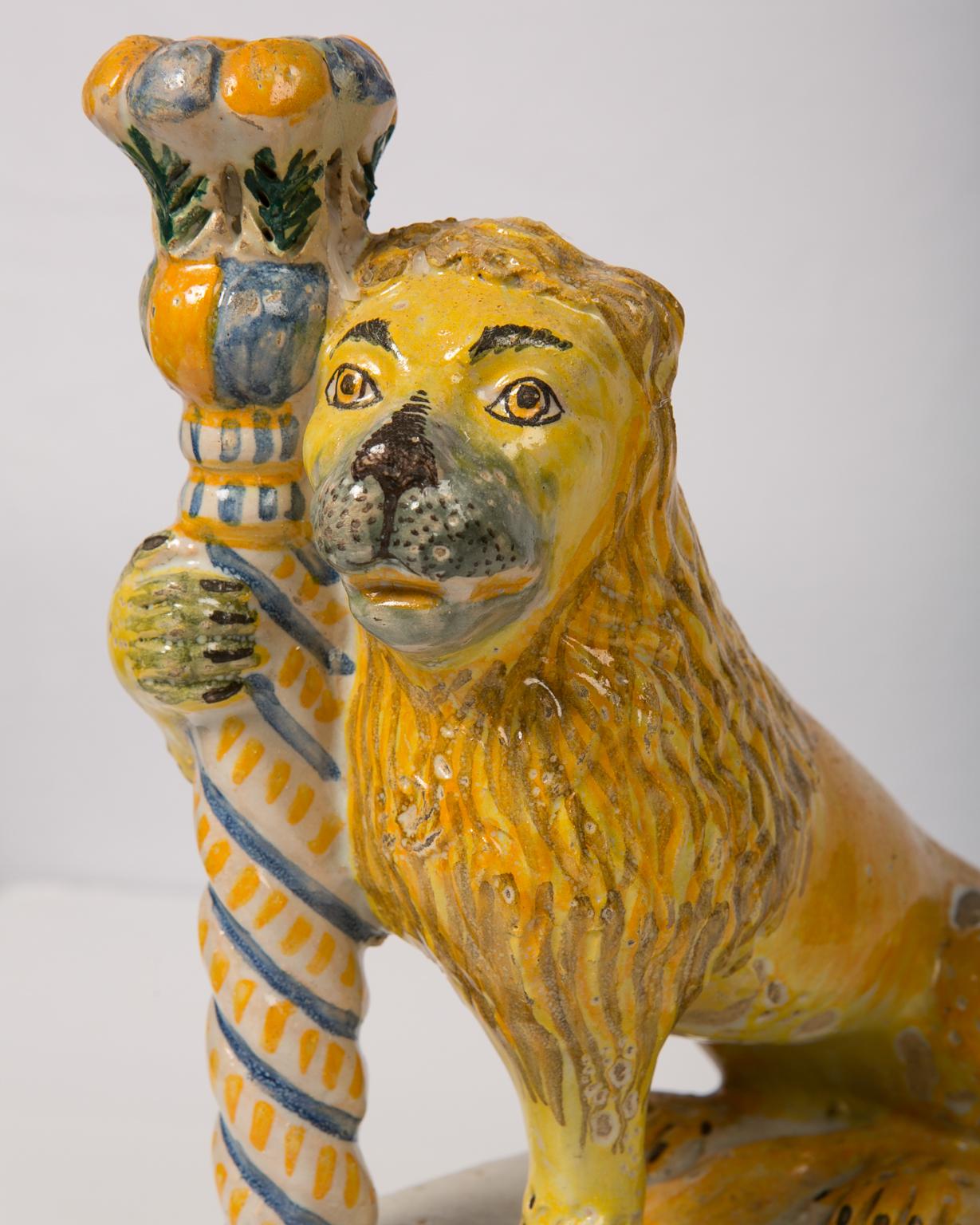 Neoclassical Pair of Antique Faience Lions Mid-19th Century