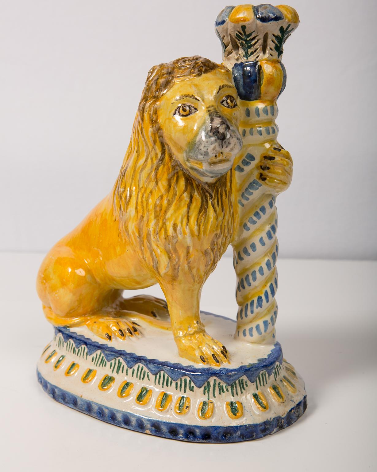 Italian Pair of Antique Faience Lions Mid-19th Century