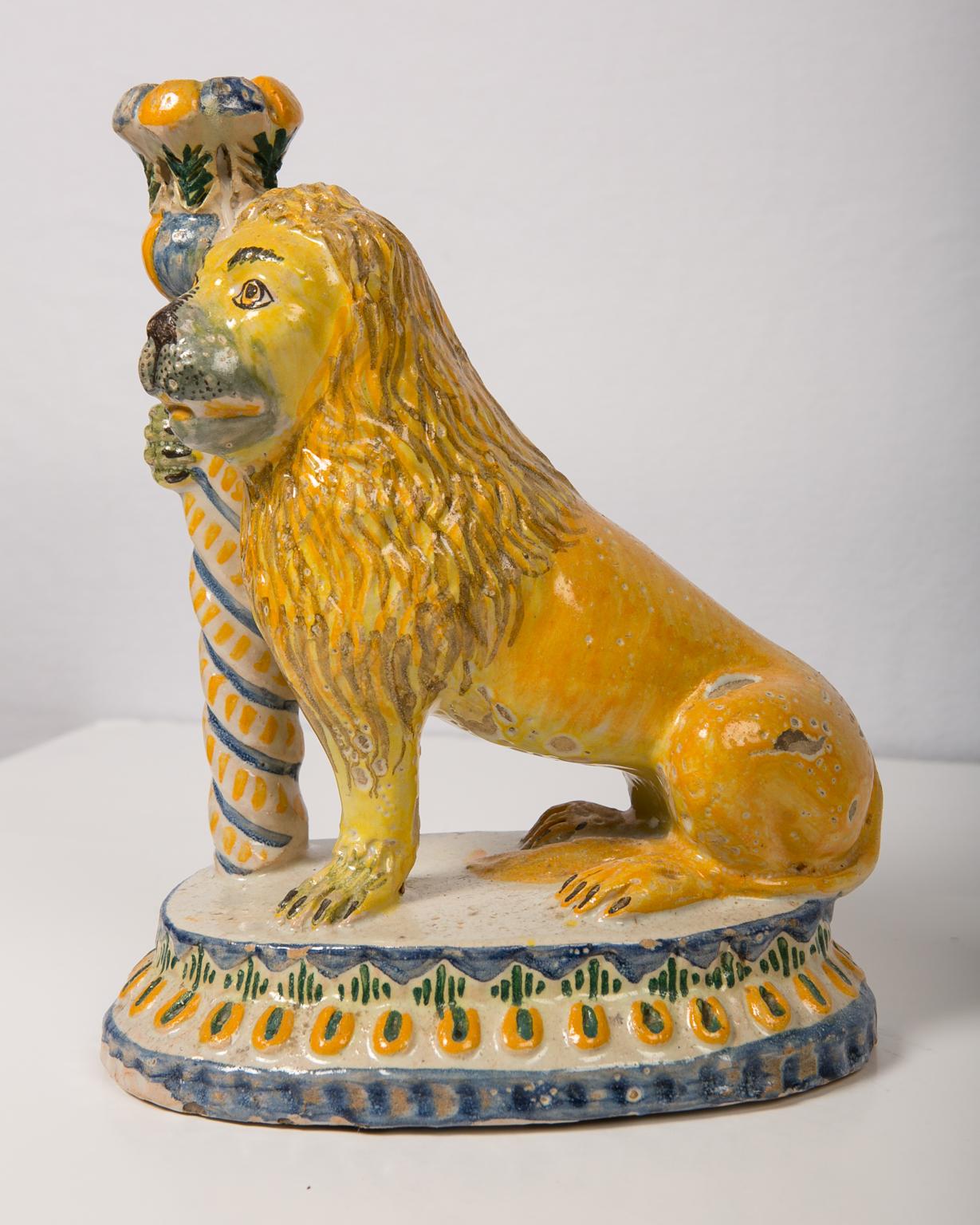 Pair of Antique Faience Lions Mid-19th Century (Fayence)