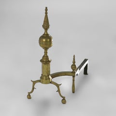 Pair Antique Federal Brass & Wrought Iron Lemon Top Andirons C1810