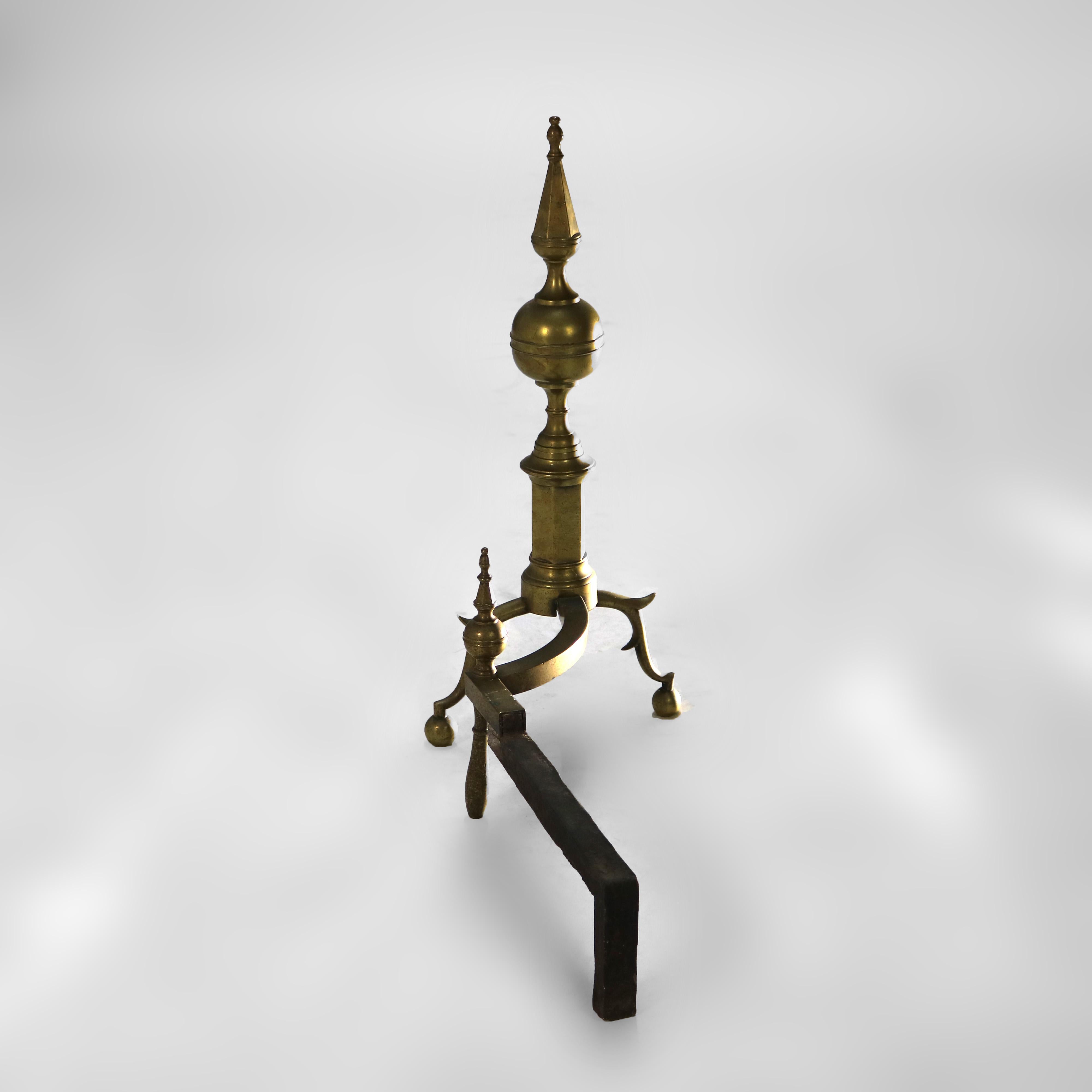 Paar antike Bundes Messing & Schmiedeeisen Zitrone oben Andirons C1810 im Zustand „Gut“ im Angebot in Big Flats, NY