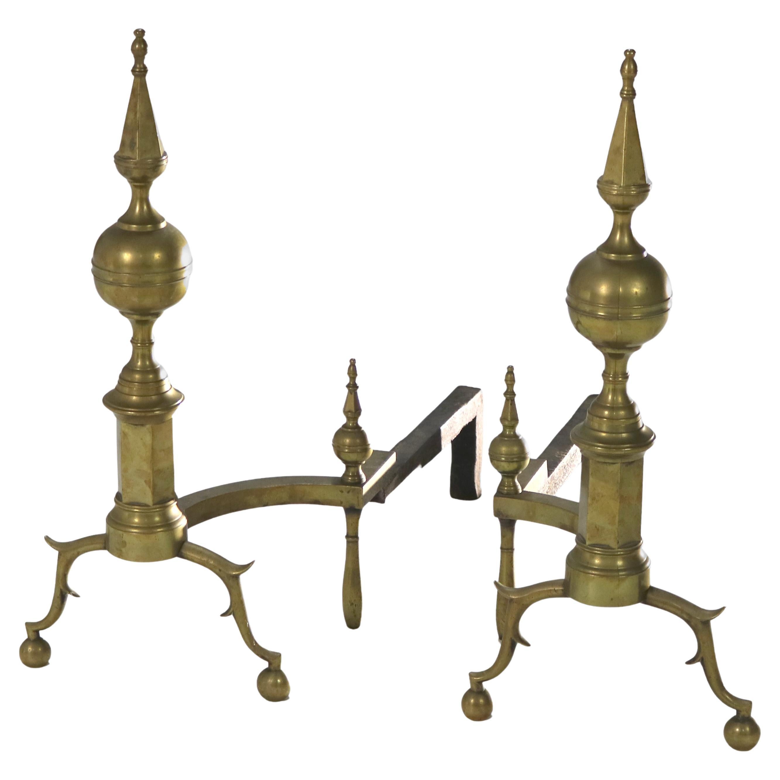 Pair Antique Federal Brass & Wrought Iron Lemon Top Andirons C1810