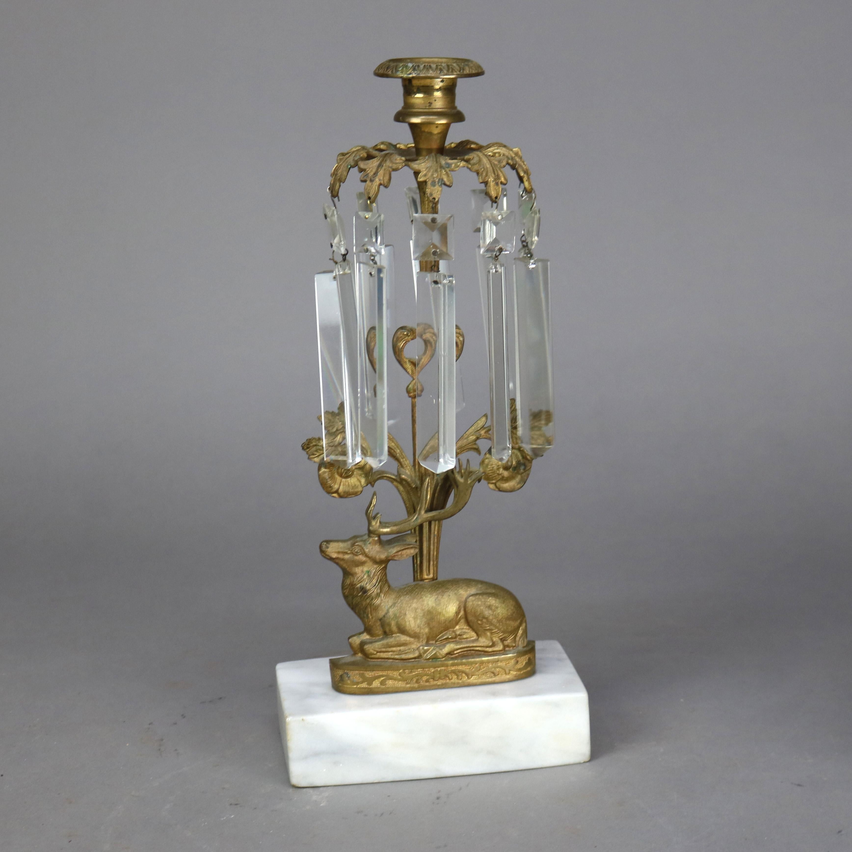 XIX secolo Coppia di antichi portacandele figurati in bronzo e cristallo con base in marmo C1880 in vendita