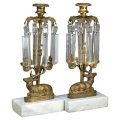 Pair Antique Figural Elk Bronze & Crystal Candle Holders with Marble Bases C1880