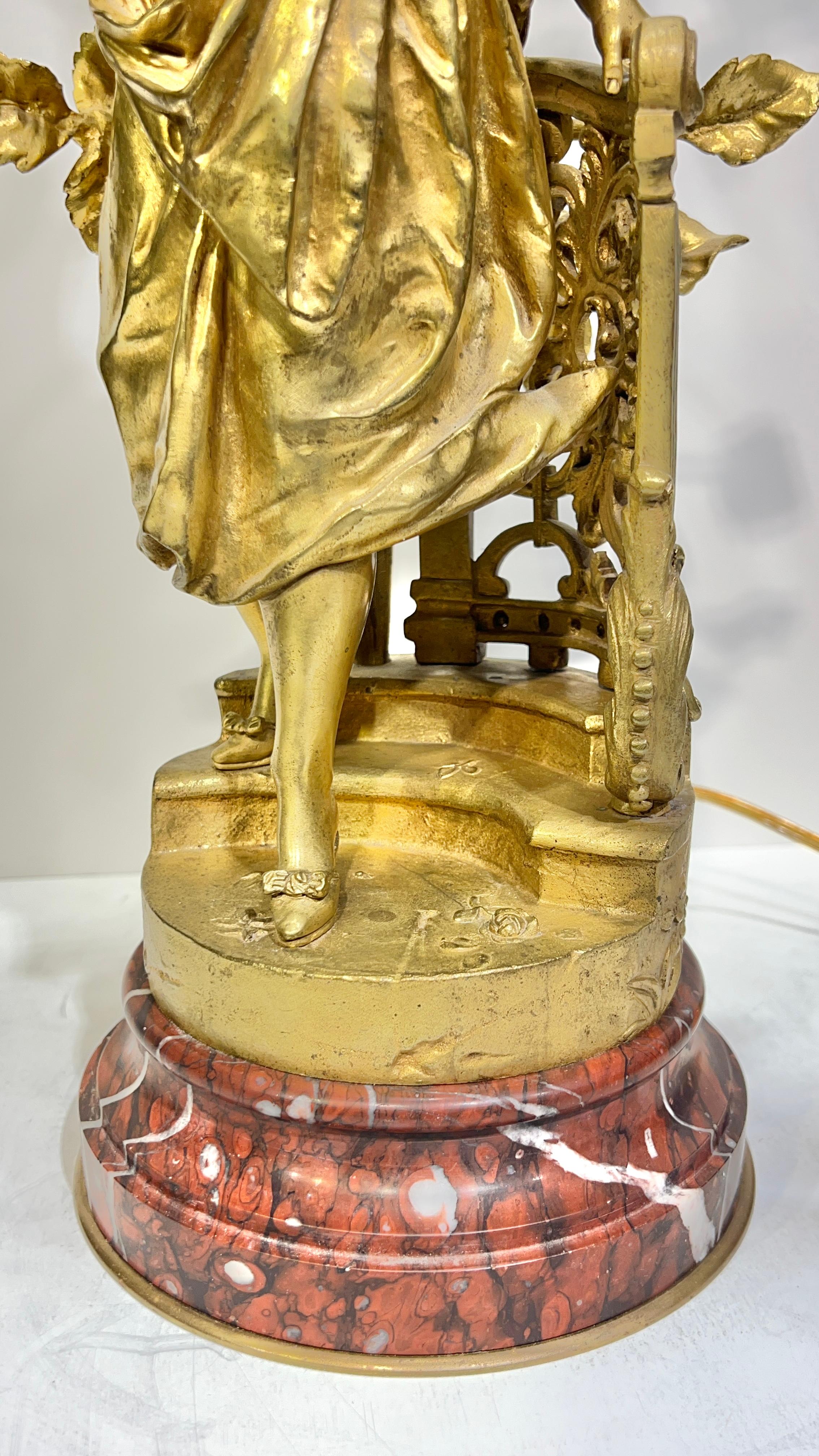 Pair Antique Figural Gilt Bronze and Rouge Marble Candelabra Table Lamps For Sale 5