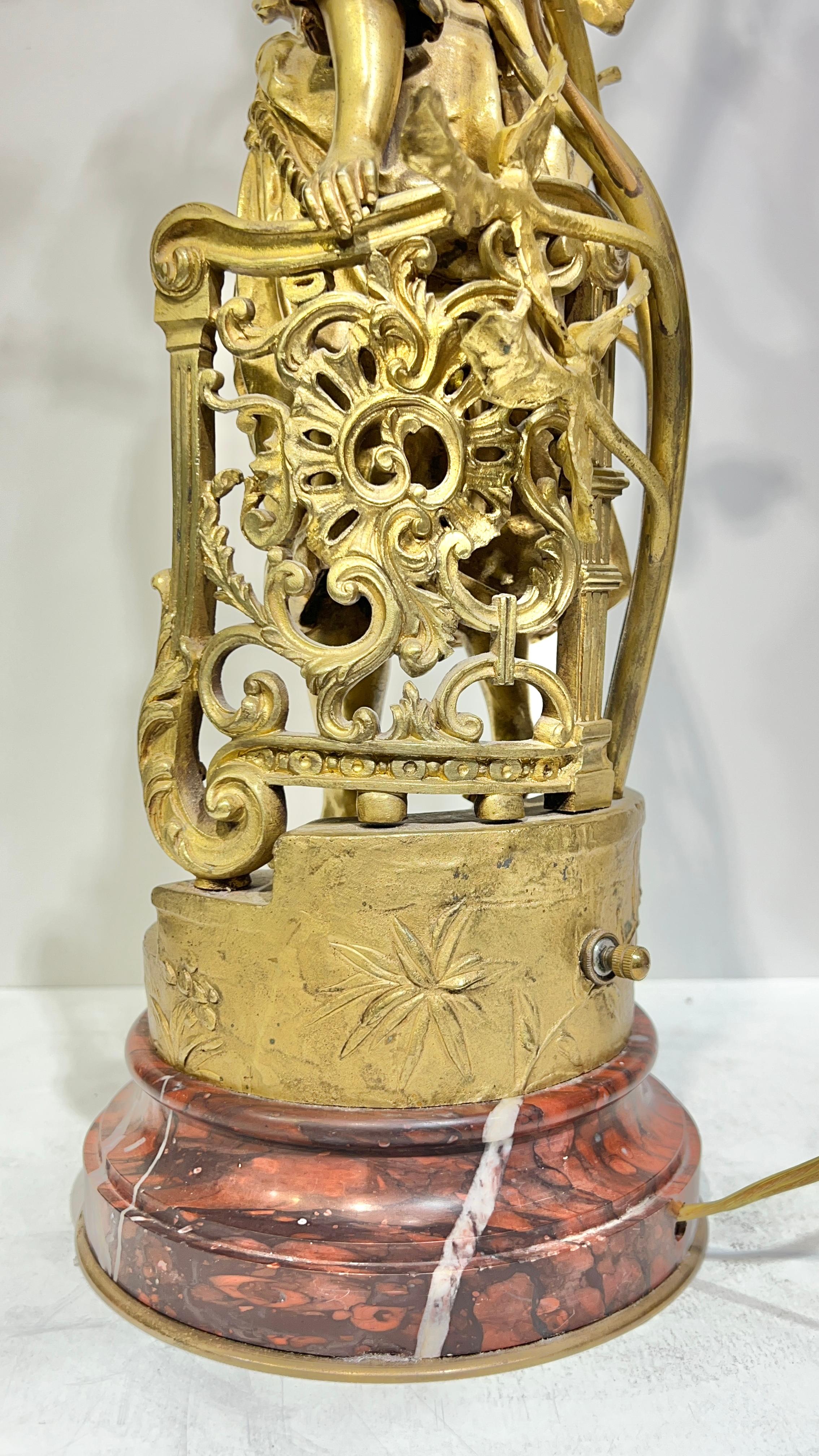 Pair Antique Figural Gilt Bronze and Rouge Marble Candelabra Table Lamps For Sale 6