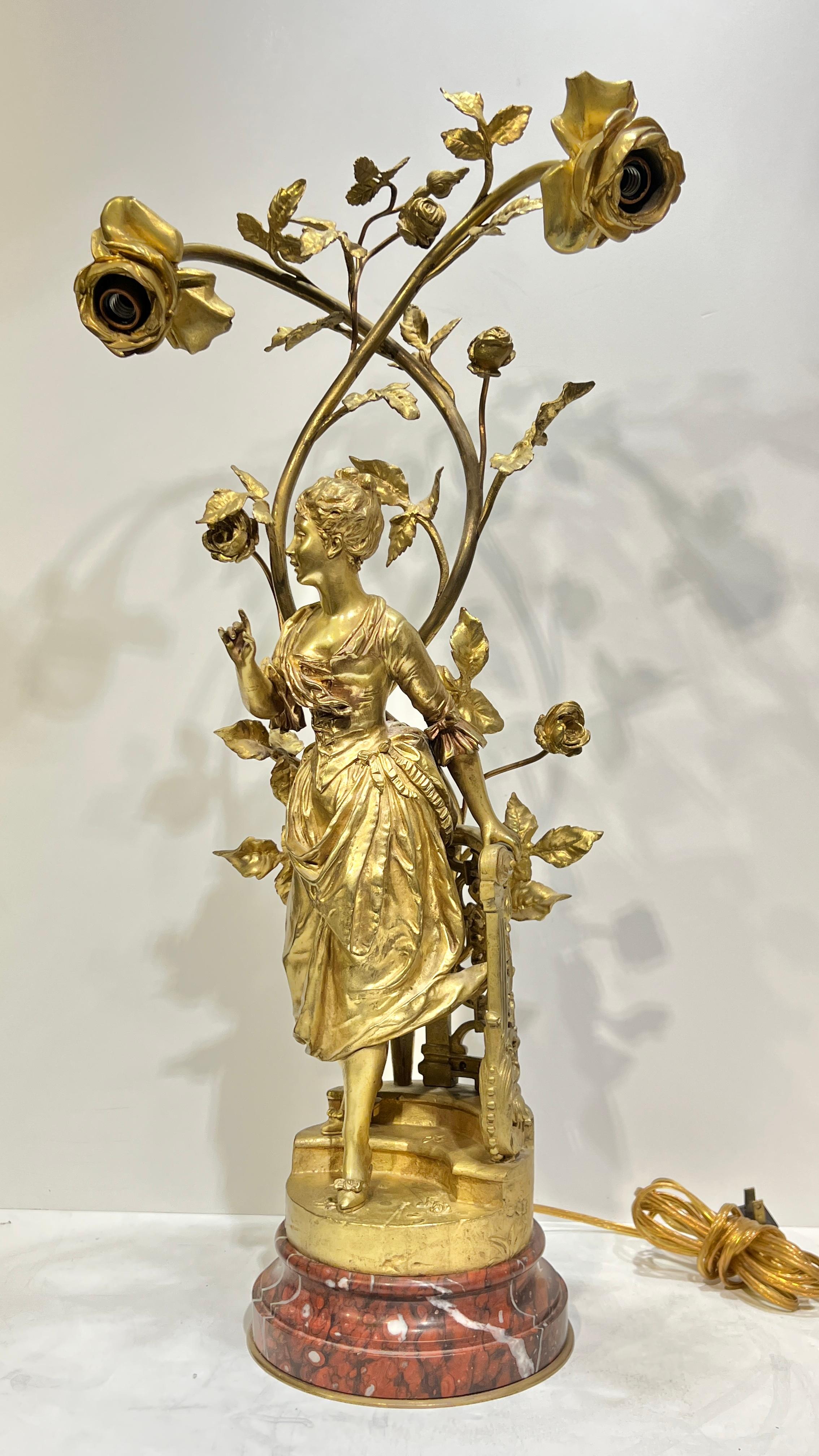 Art Nouveau Pair Antique Figural Gilt Bronze and Rouge Marble Candelabra Table Lamps For Sale