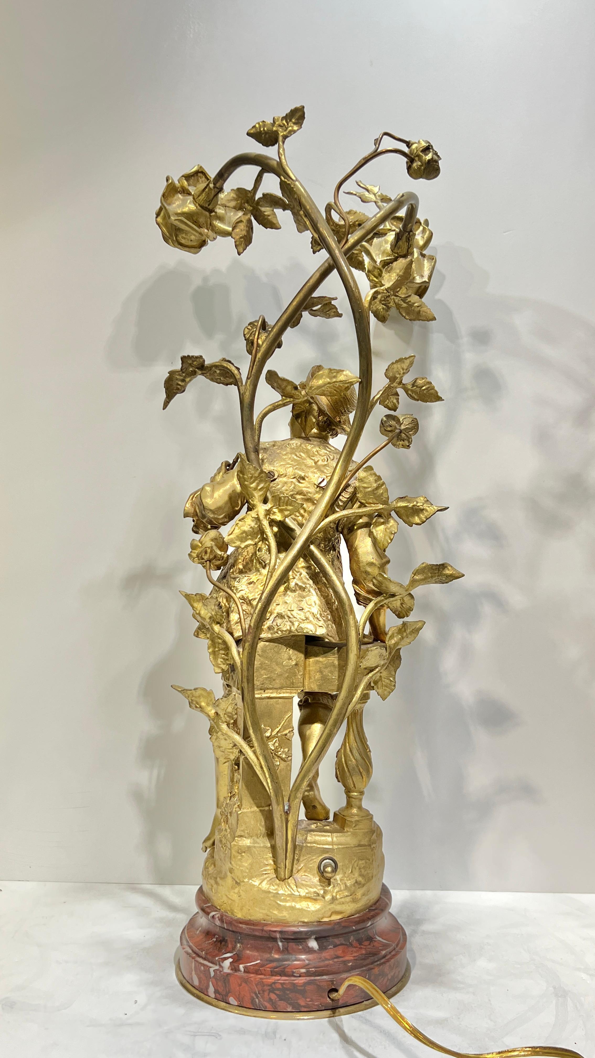 Pair Antique Figural Gilt Bronze and Rouge Marble Candelabra Table Lamps In Good Condition For Sale In New York, NY