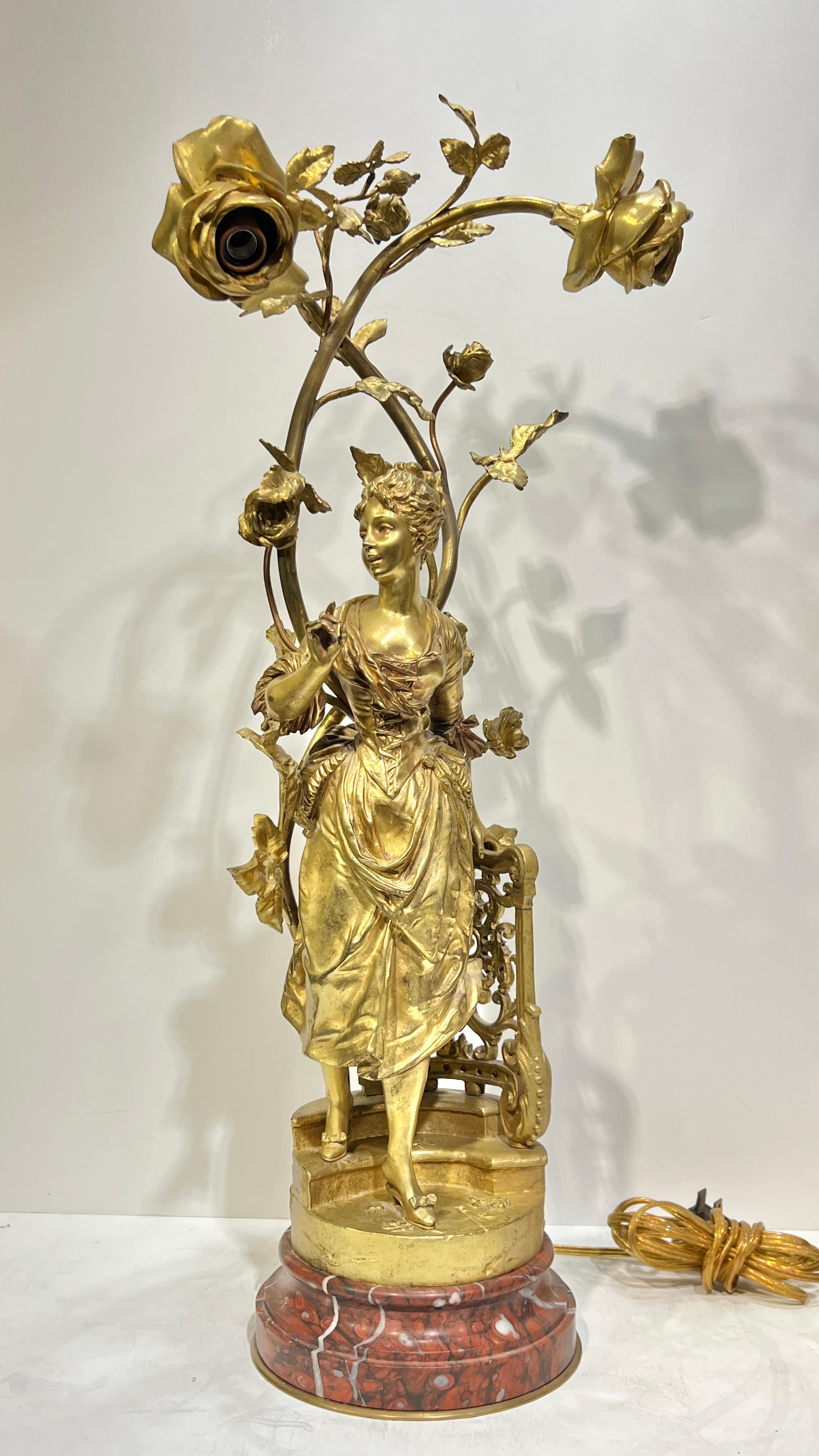 20th Century Pair Antique Figural Gilt Bronze and Rouge Marble Candelabra Table Lamps For Sale