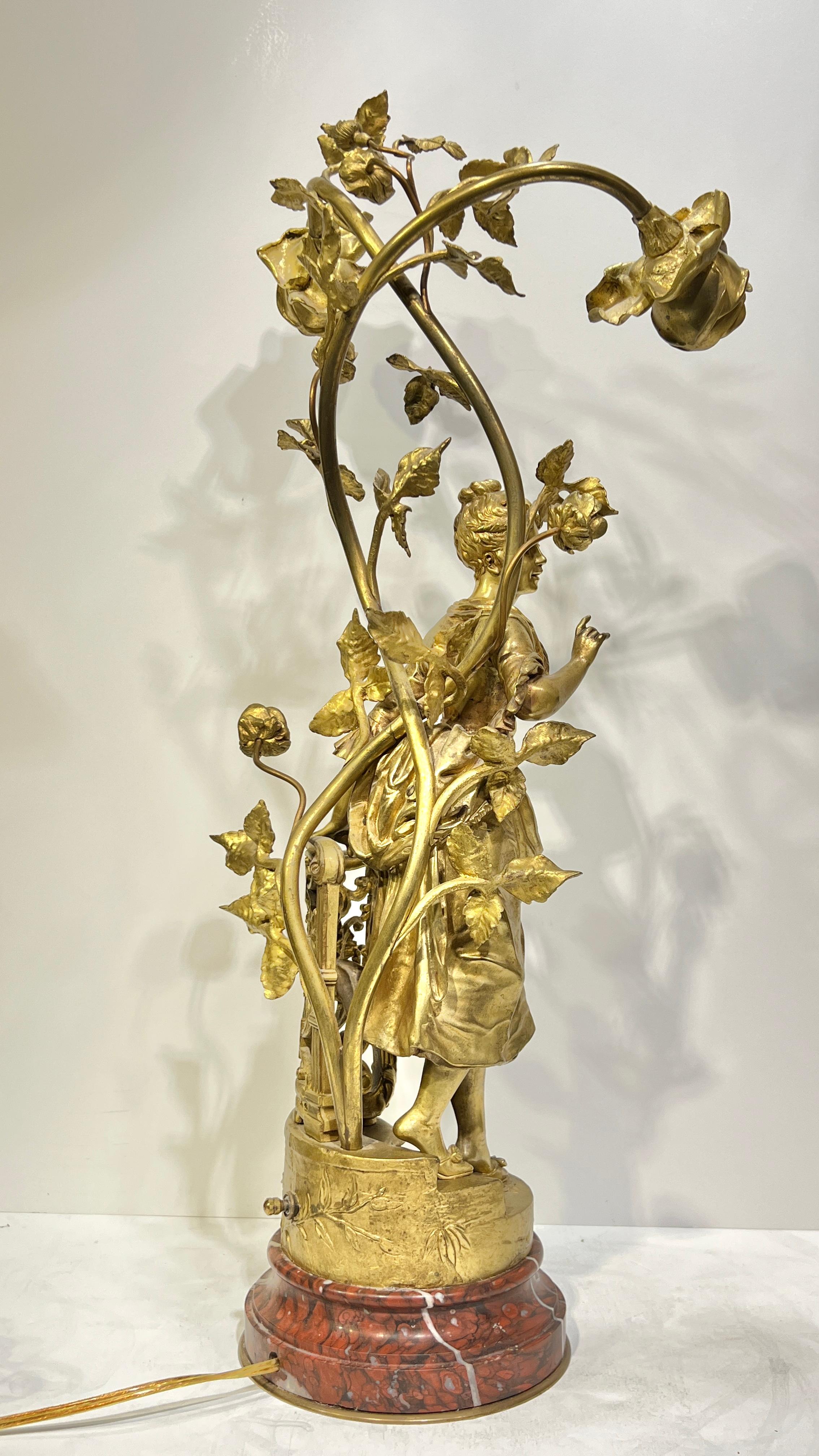 Pair Antique Figural Gilt Bronze and Rouge Marble Candelabra Table Lamps For Sale 1