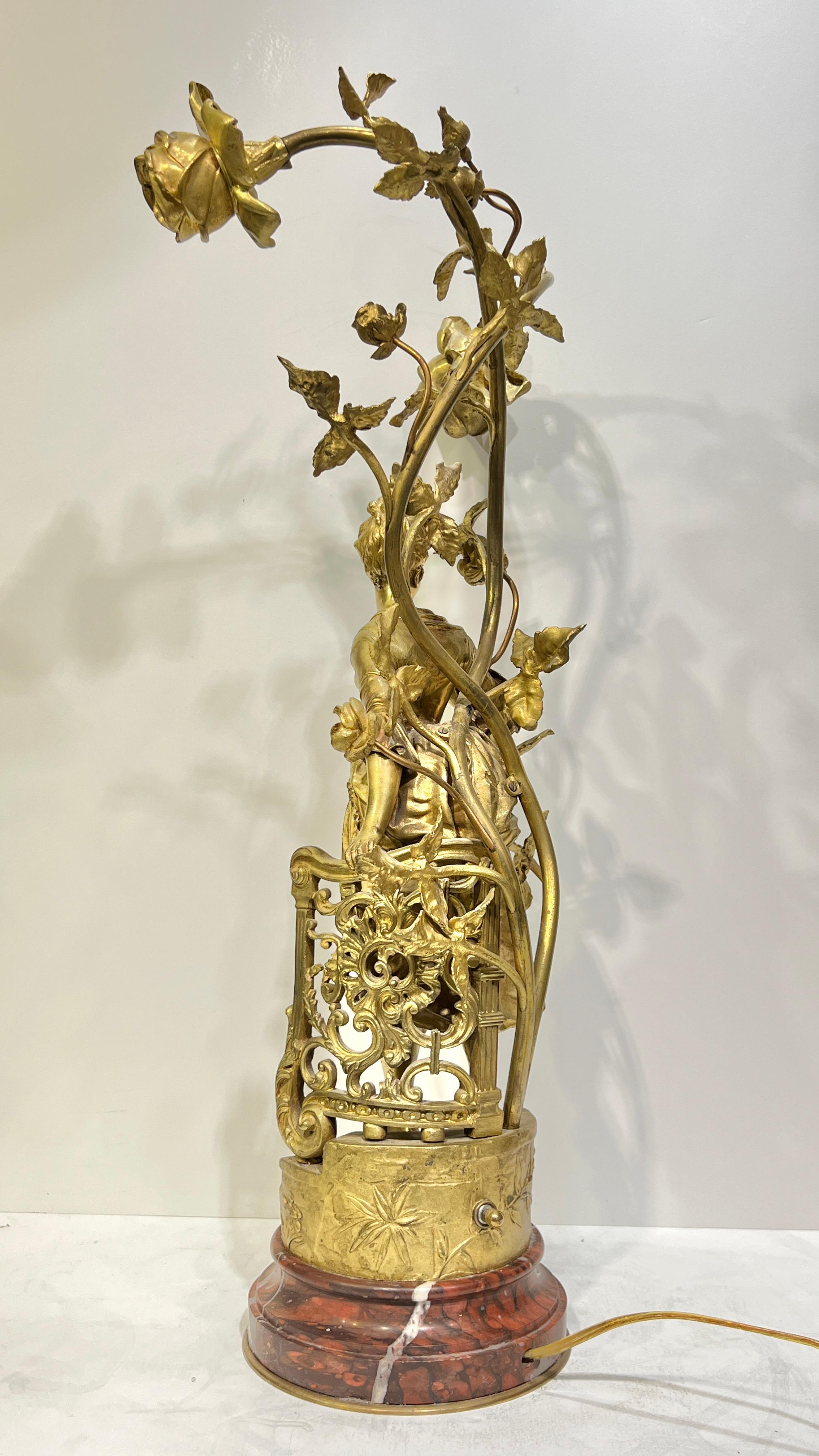 Pair Antique Figural Gilt Bronze and Rouge Marble Candelabra Table Lamps For Sale 2