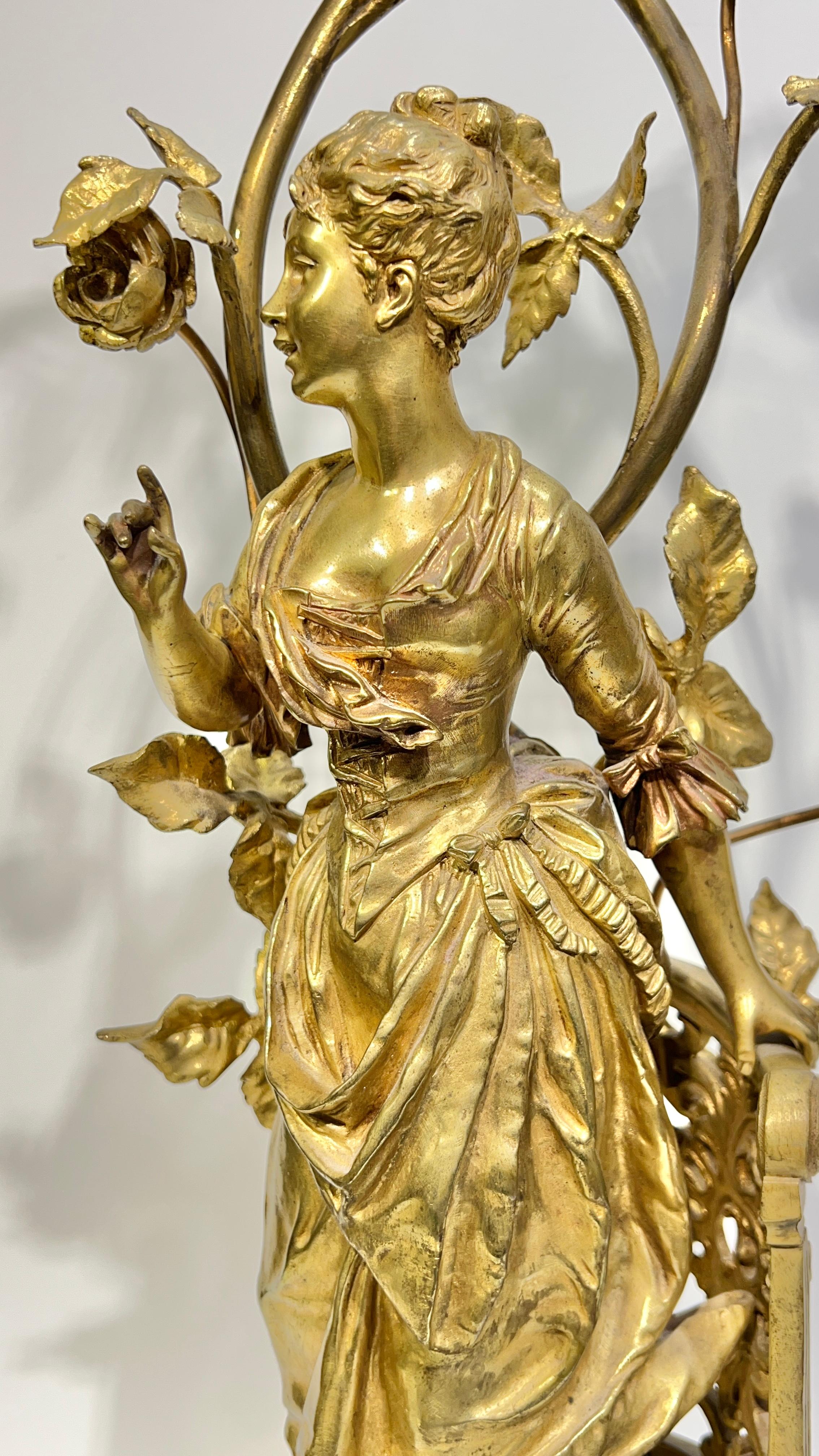 Pair Antique Figural Gilt Bronze and Rouge Marble Candelabra Table Lamps For Sale 3