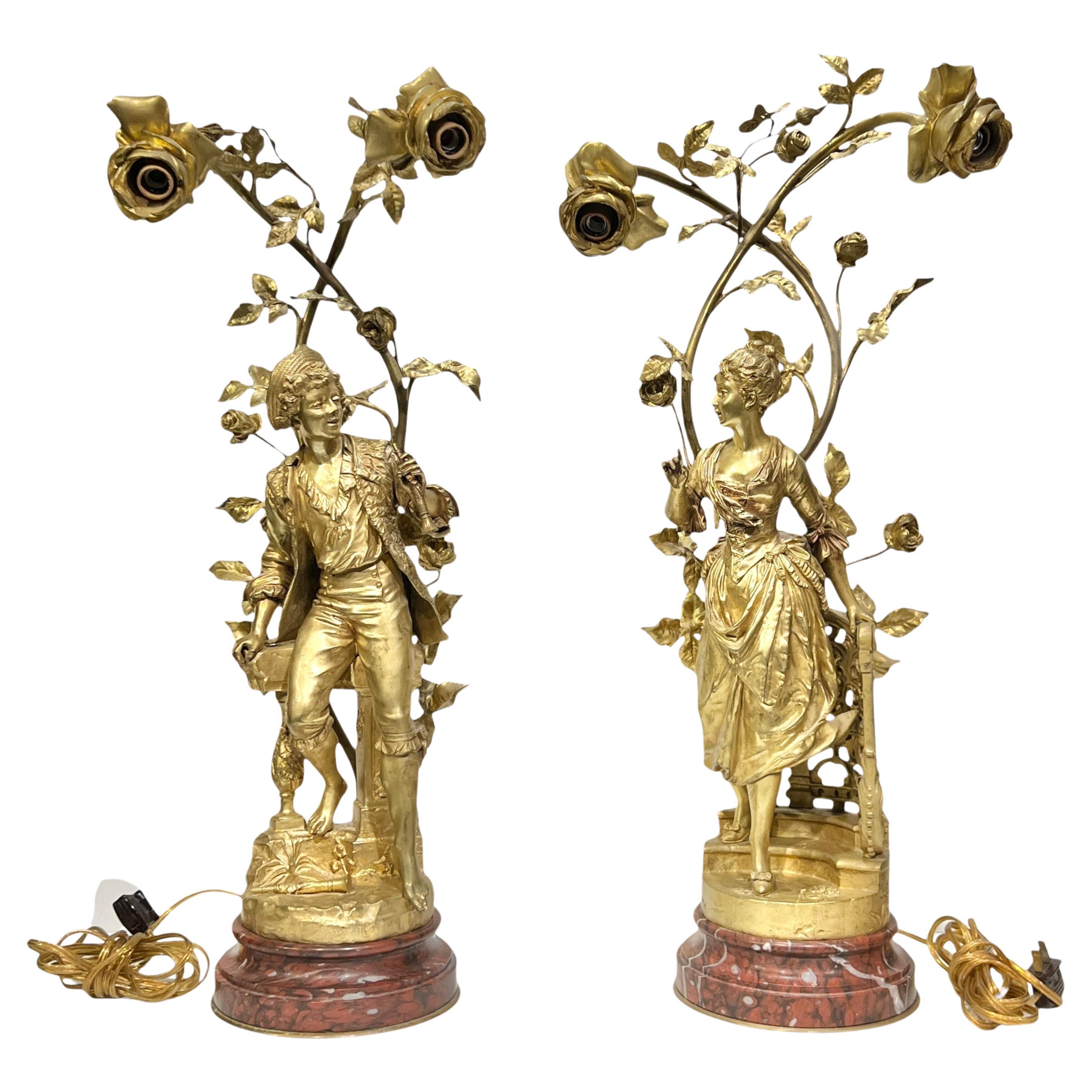 Pair Antique Figural Gilt Bronze and Rouge Marble Candelabra Table Lamps For Sale