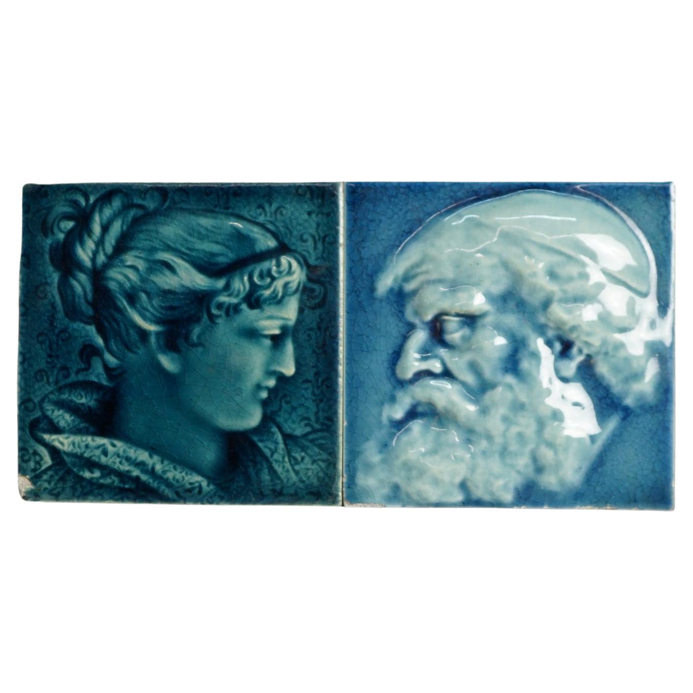 Pair Antique Figural Pottery Art Tiles by Trent Tile and J & JG Art Tile C1890 For Sale