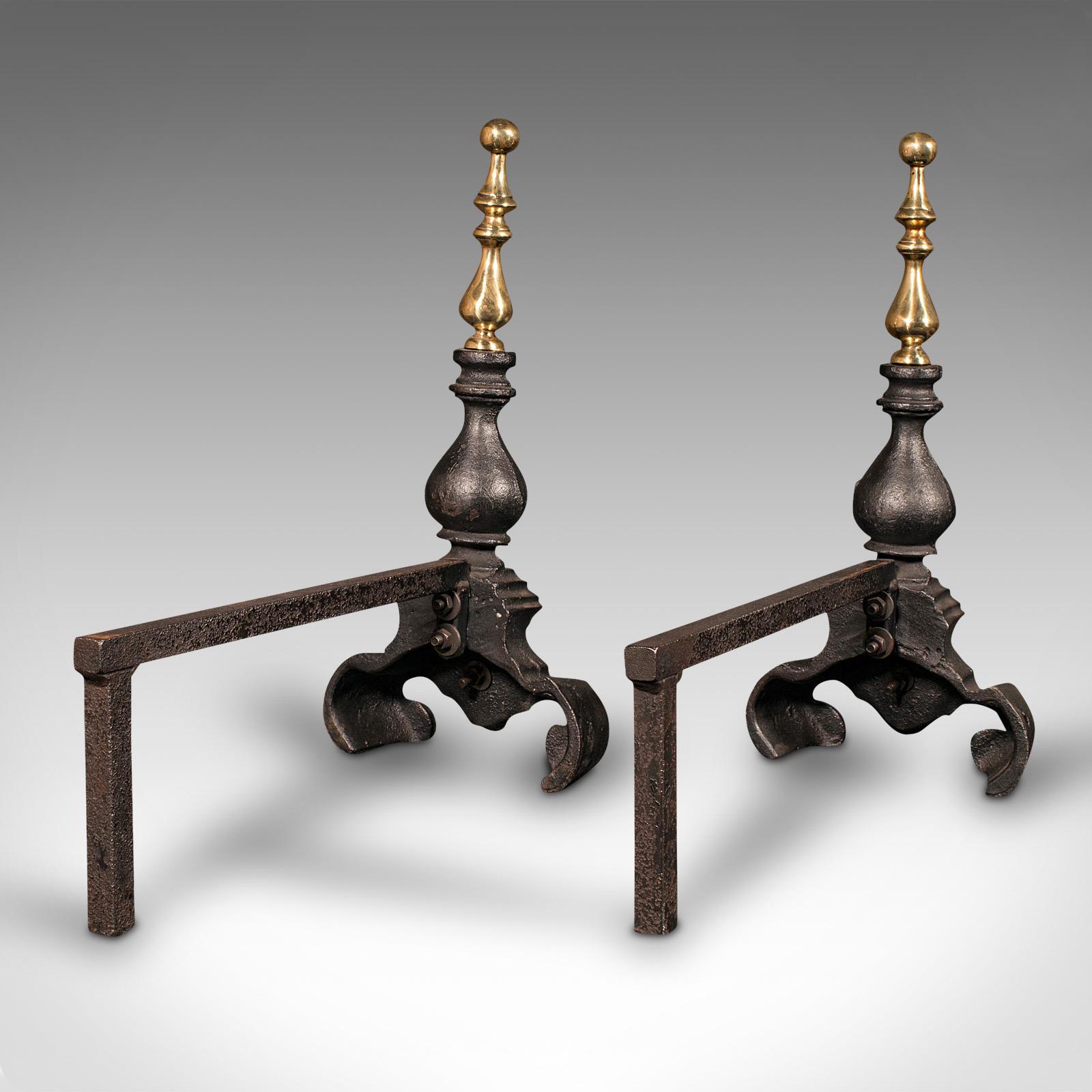 Pair, Antique Fireside Tool Rests, English, Cast Iron, Brass, Andiron, Victorian For Sale 1