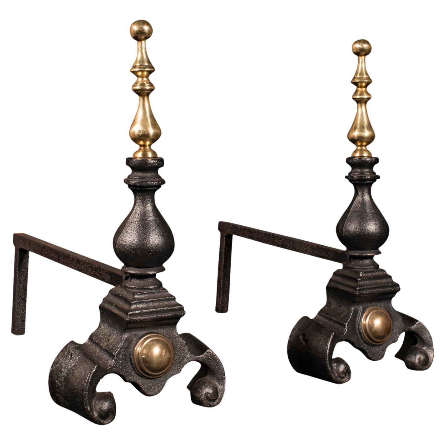 Pair, Antique Fireside Tool Rests, English, Cast Iron, Brass, Andiron, Victorian For Sale