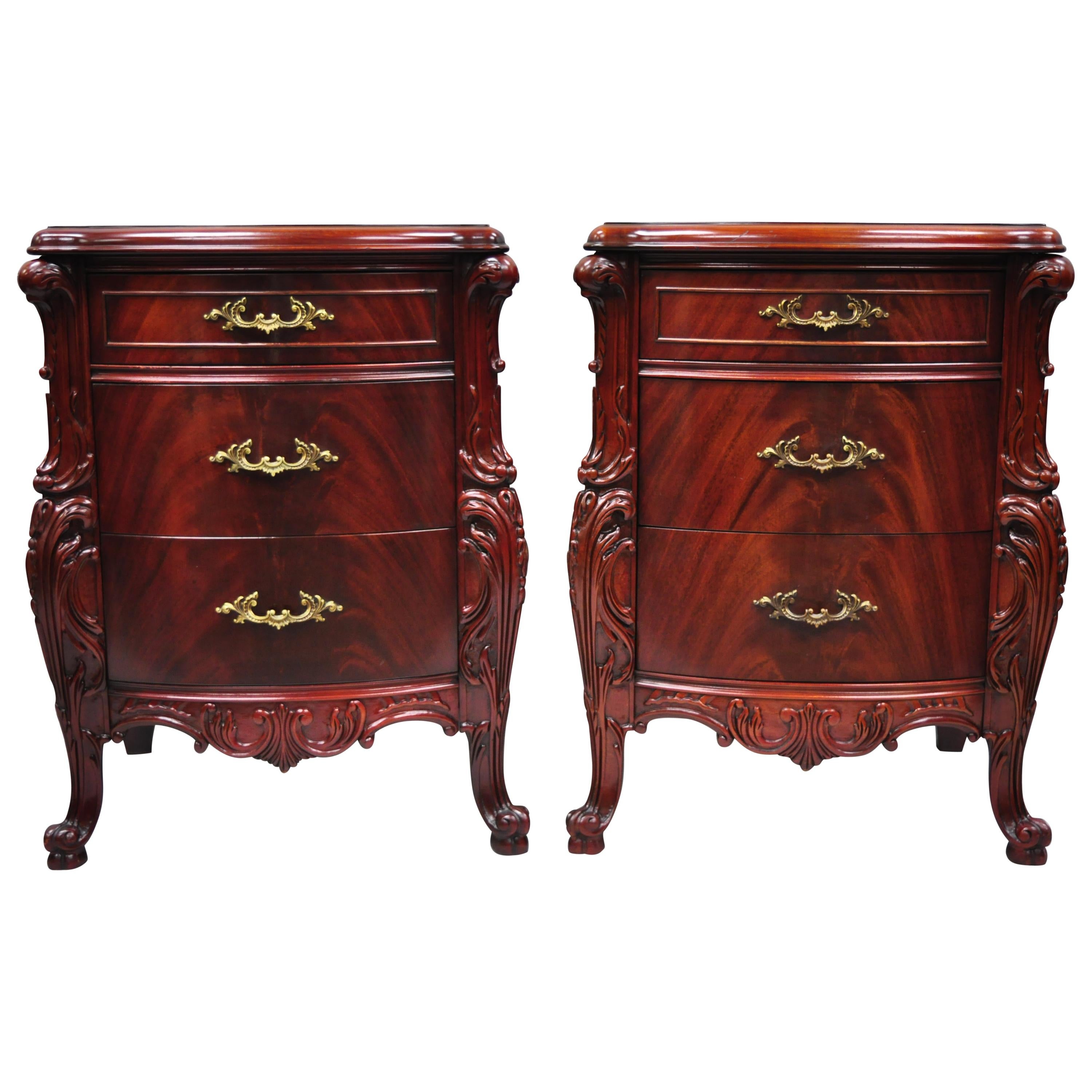 Pair Antique Flame Mahogany Carved French "Swan" Style Nightstands Bedside Table