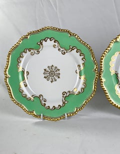 Pair Antique Flight Barr Barr Worcester Porcelain Plates Apple Green & Gold 1825